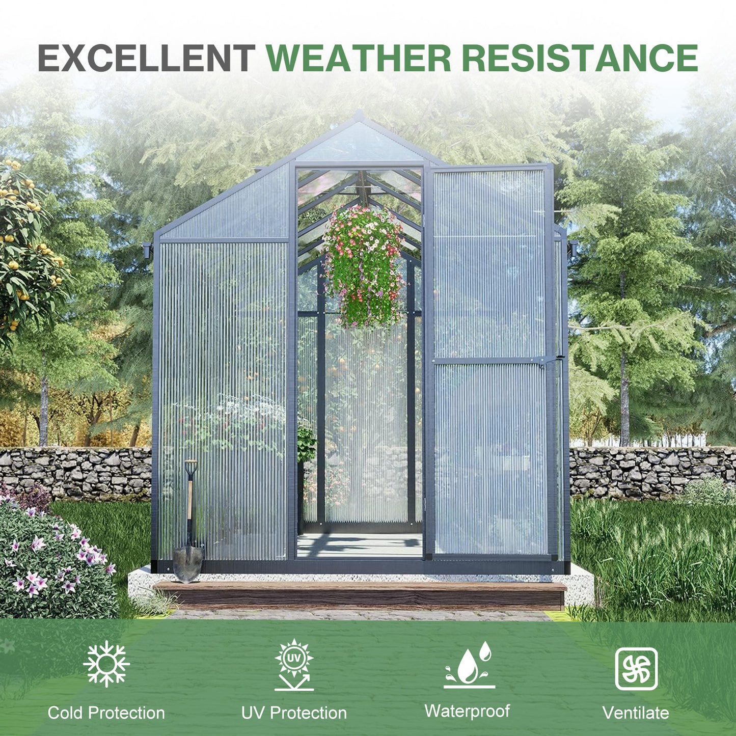6x8/6x10 ft. Walk-in Polycarbonate Greenhouse with Roof Vent and Door lock