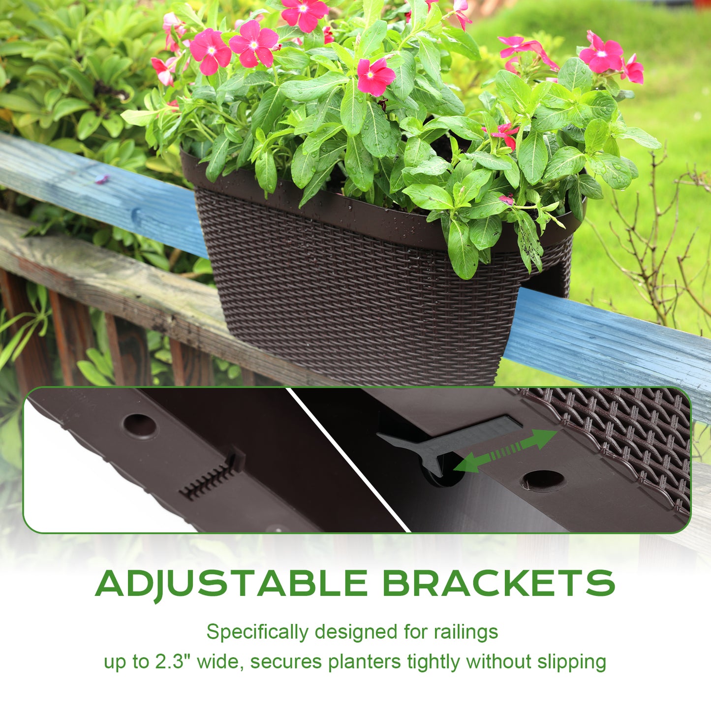 Aoodor Balcony Rattan Pattern Railing Planter Box with Drainage Holes and Adjustable Brackets