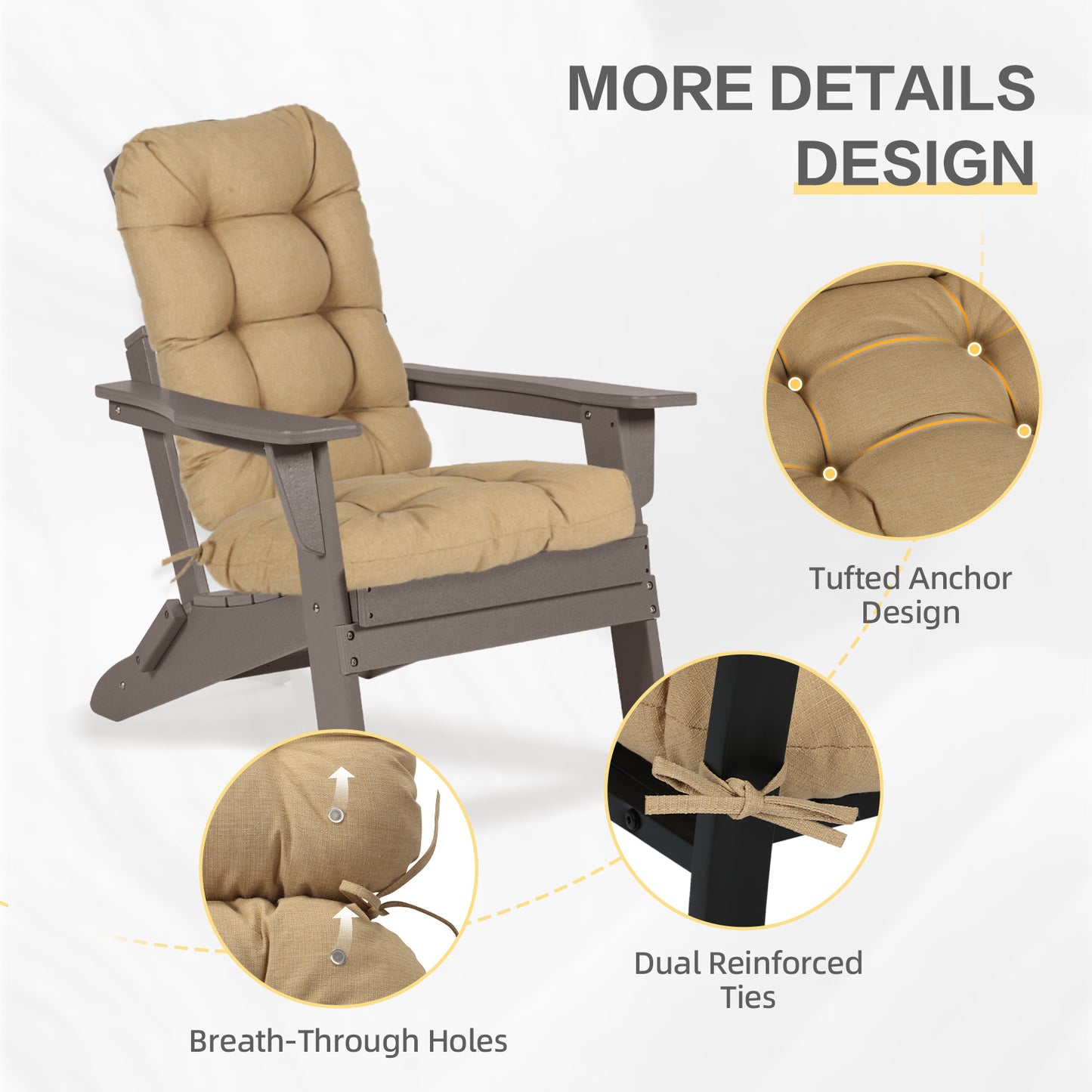 Outdoor High Back Tufted Adirondack Chair Cushion, Patio Rocking Chair Cushions with Ties, Set of 2, Brown