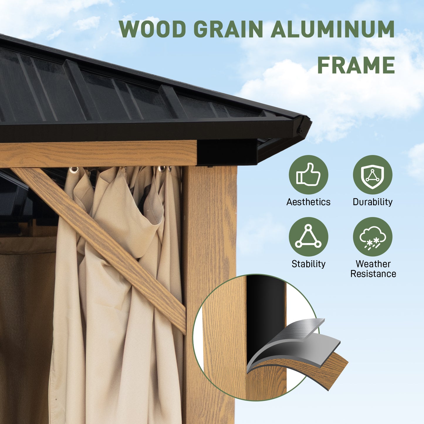 10'x12' Outdoor Hardtop Gazebo with Curtains and Mosquito Nettings, Wooden Finish Coated Aluminum Frame