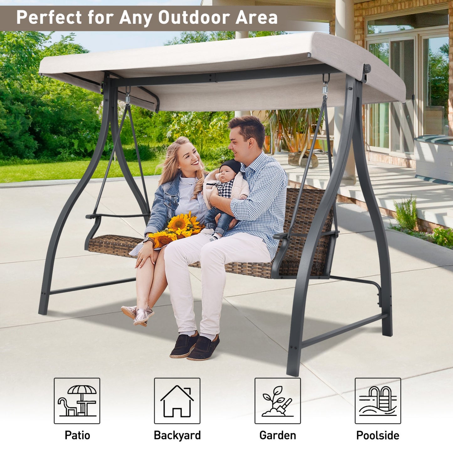3-Seat Outdoor Rattan Patio Swing with Adjustable Canopy Aoodor