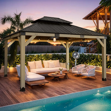 12'x14' Upgrade Cedar Wooden Frame Gazebo with 2-Tier Galvanized Steel Roof and Outlets