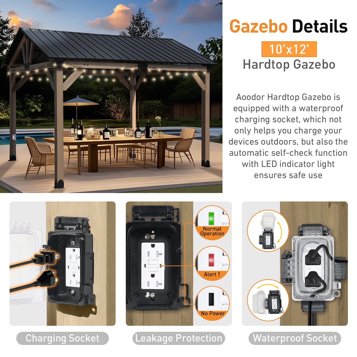 10'x12' Outdoor Patio Wooden Frame Gazebo with Galvanized Metal Hardtop Roof and Outlets