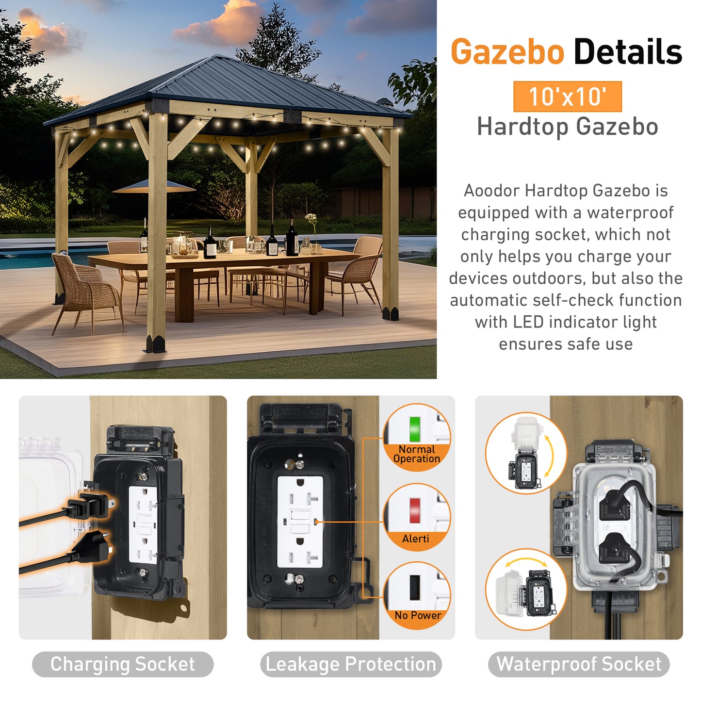10'x10' Outdoor Patio Wooden Frame Gazebo with Galvanized Metal Hardtop Roof and Charging Socket