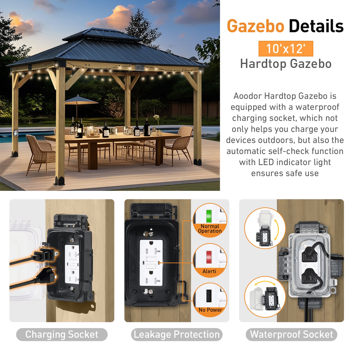 10'x12' Outdoor Patio Wooden Frame Gazebo with 2-Tier Galvanized Metal Hardtop Roof and Charging Socket