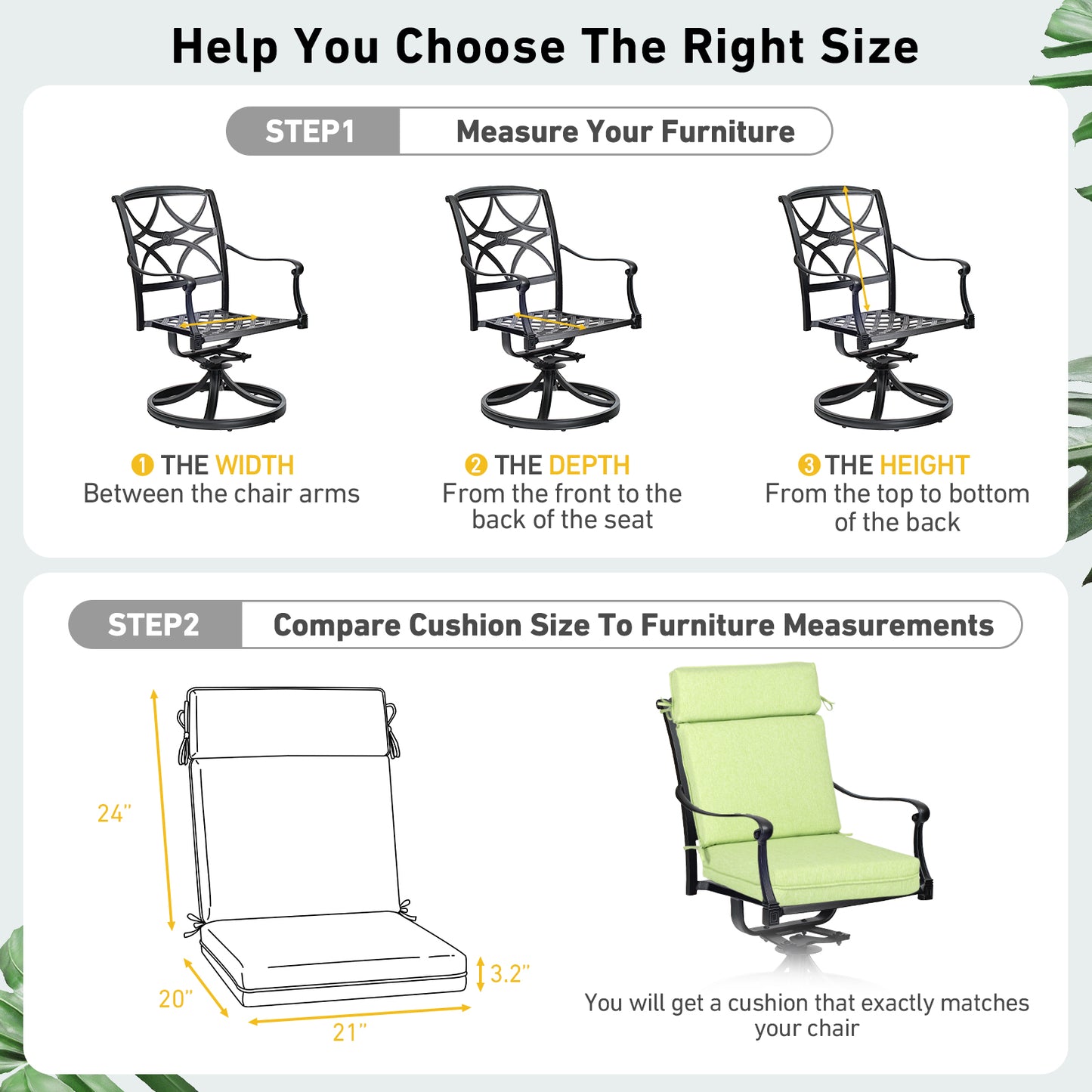 Outdoor High Back Dining Chair Cushion Set, Polyester Fabric, TPU Water Repellent Coating, Green