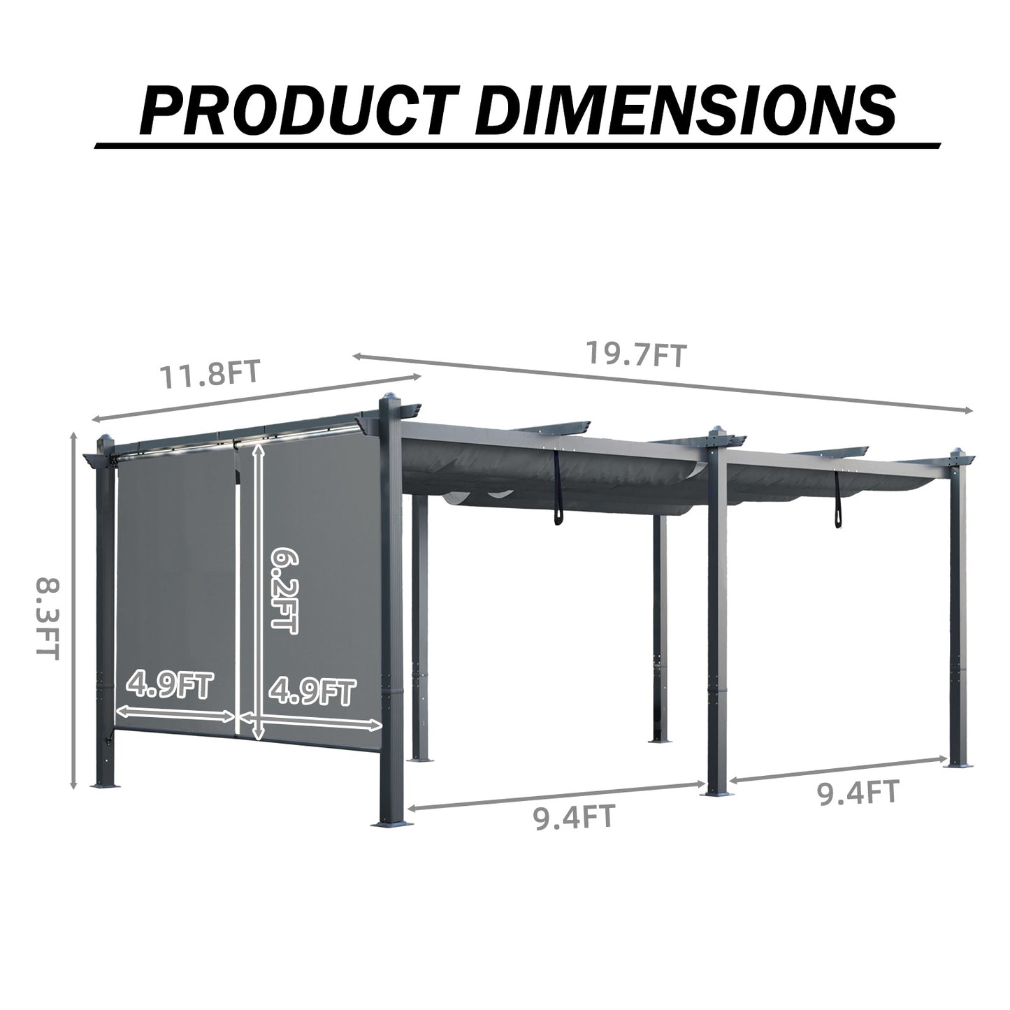12x20 ft. Outdoor Pergola with Retractable Shade Canopy, Aluminum Frame, Roller Shade Curtain