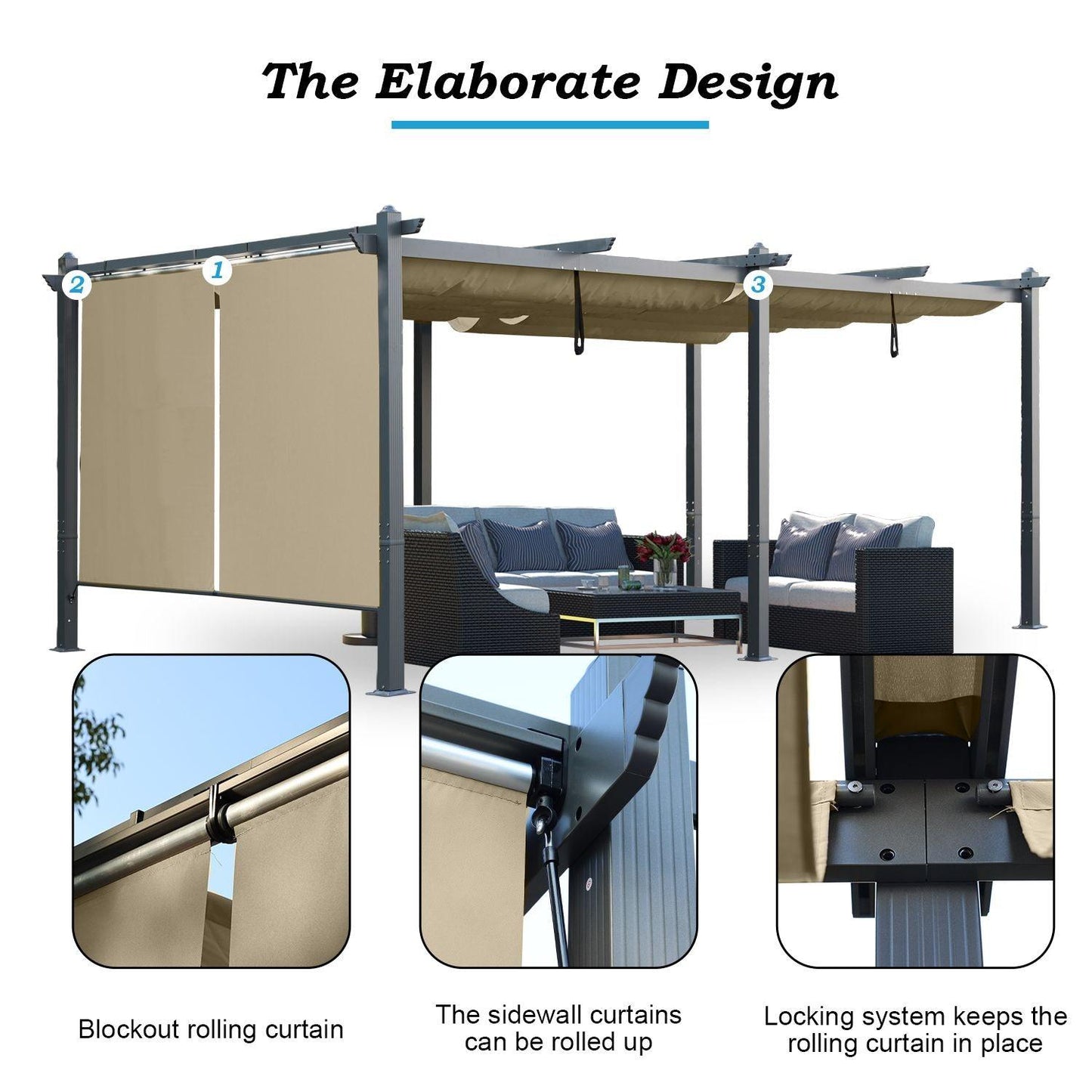 12 x 20 FT Outdoor Pergola with Retractable Shade Canopy, Aluminum Frame, Roller Shade Curtain- khaki/Charcoal Gray Aoodor