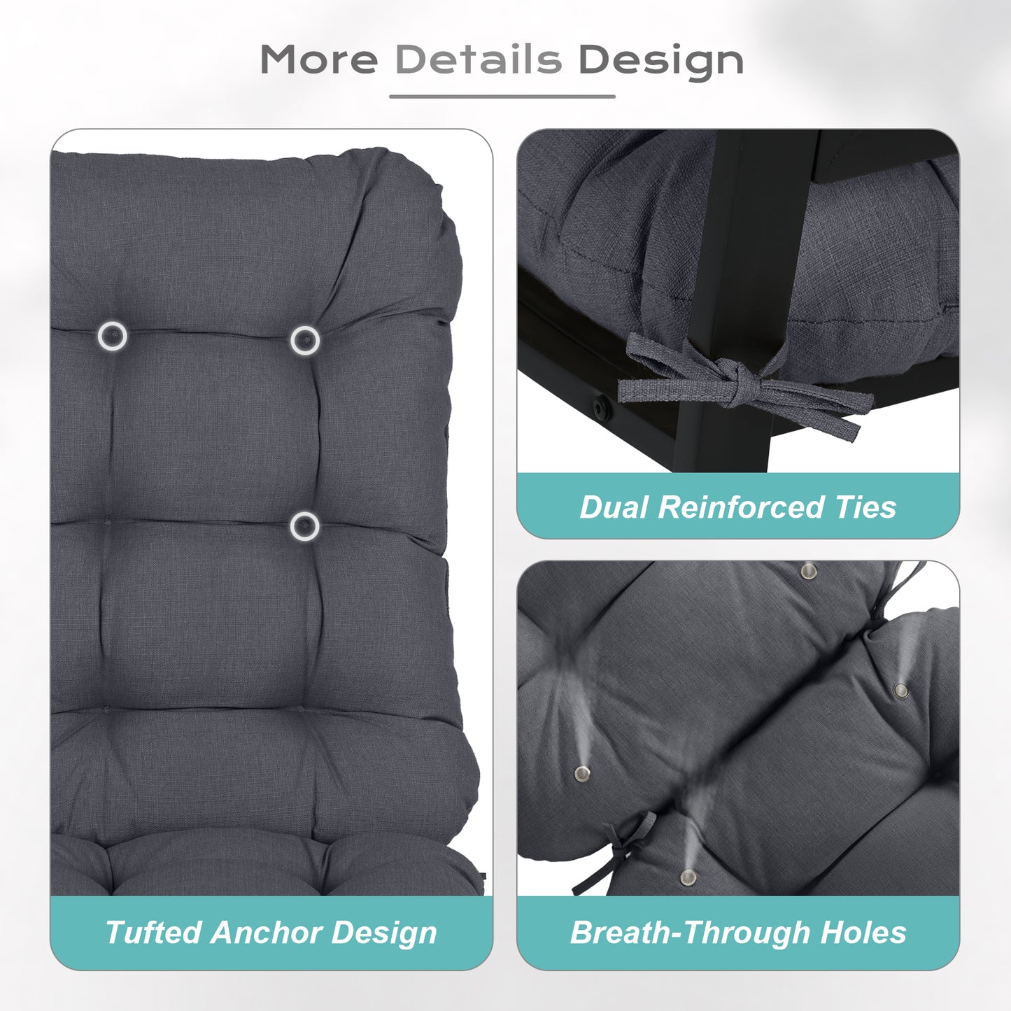 Outdoor High Back Tufted Adirondack Chair Cushion, Patio Rocking Chair Cushions with Ties, Set of 2, Dark Gray Aoodor