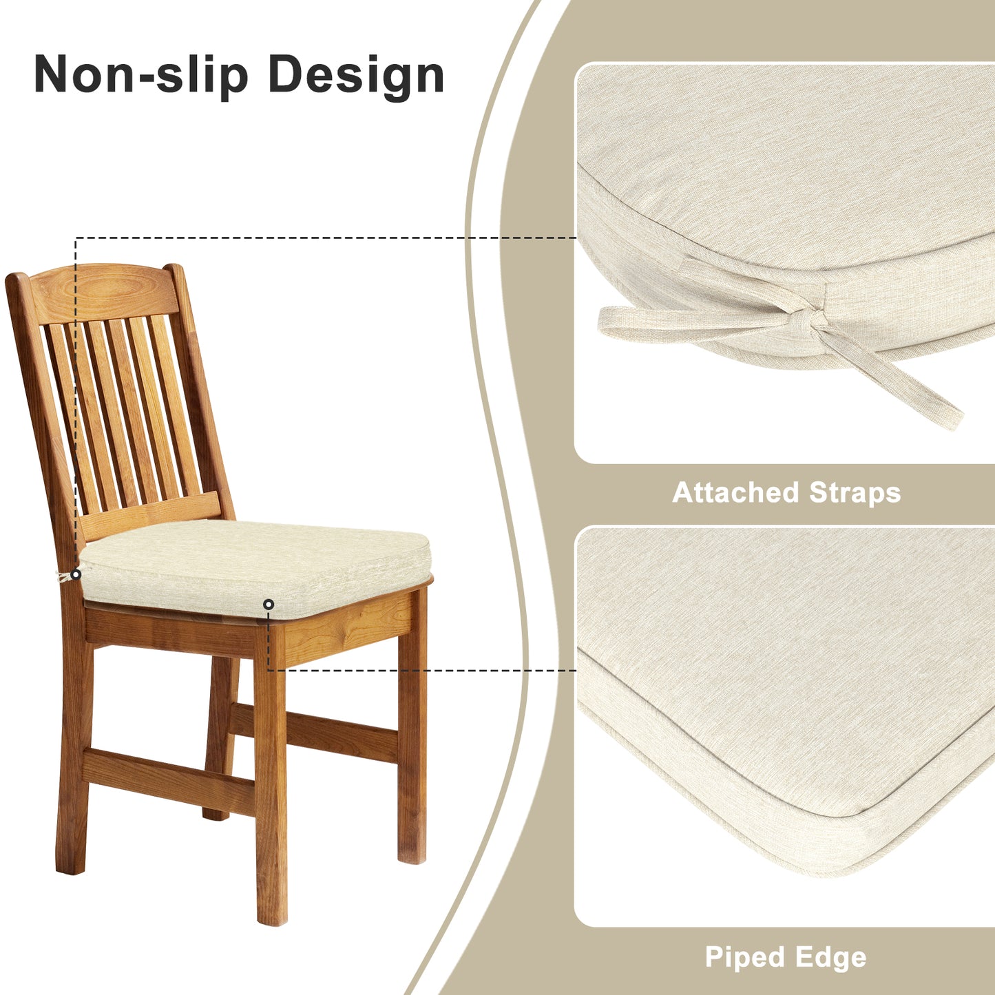 Outdoor Dining Chair Cushions Set, Patio Chair Pads with Ties, Khaki