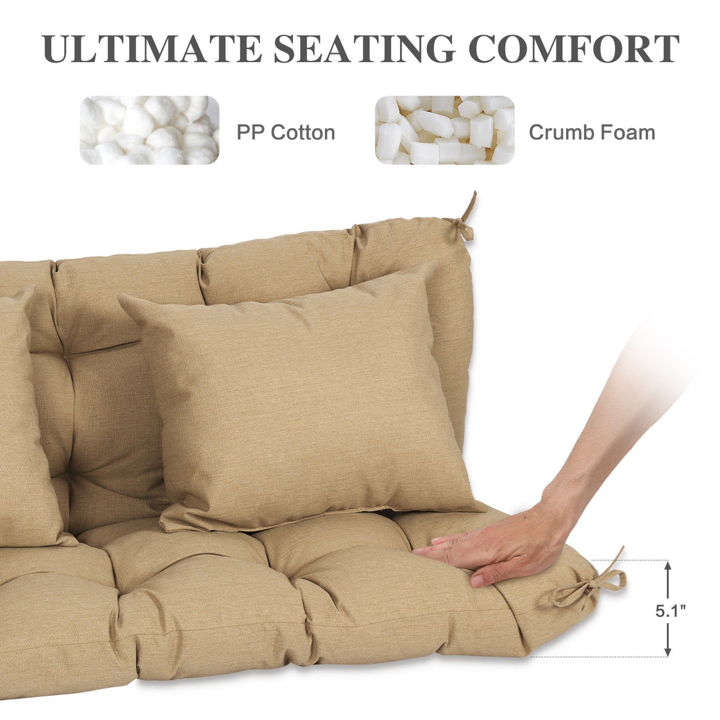 59" Tufted Porch Swing Cushions, Extra 5.1" Thick Outdoor Swing Bench Replacement Cushion with Backrest and 2 Pillows - Brown Aoodor