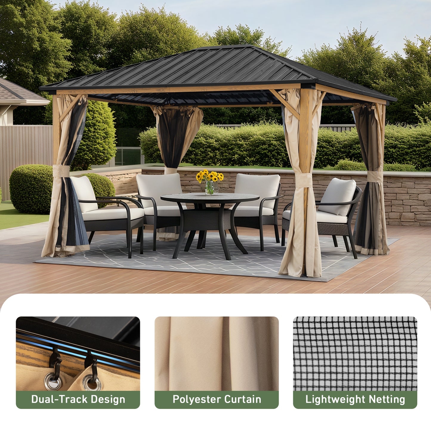 10'x12' Outdoor Hardtop Gazebo with Curtains and Mosquito Nettings, Wooden Finish Coated Aluminum Frame