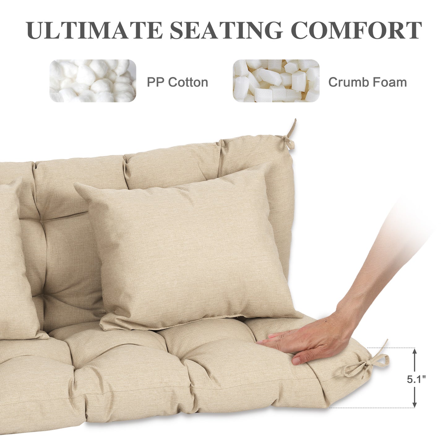 59" Tufted Porch Swing Cushions, Extra 5.1" Thick Outdoor Swing Bench Replacement Cushion with Backrest and 2 Pillows - Khaki Aoodor
