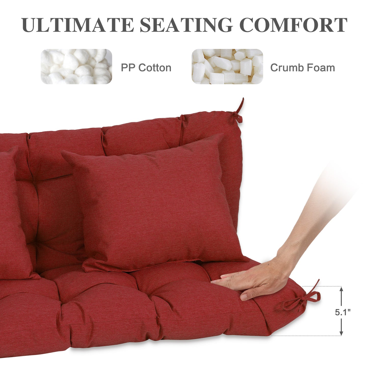 59" Tufted Porch Swing Cushions, Extra 5.1" Thick Outdoor Swing Bench Replacement Cushion with Backrest and 2 Pillows - Red Aoodor