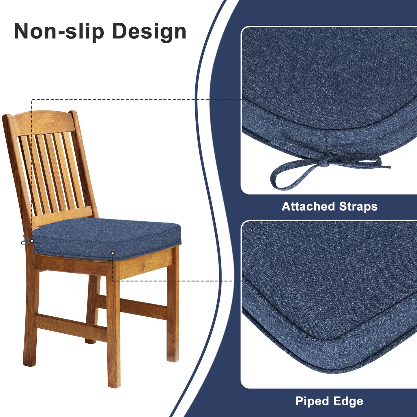 Outdoor Dining Chair Cushions Set, Patio Chair Pads with Ties, Navy Blue
