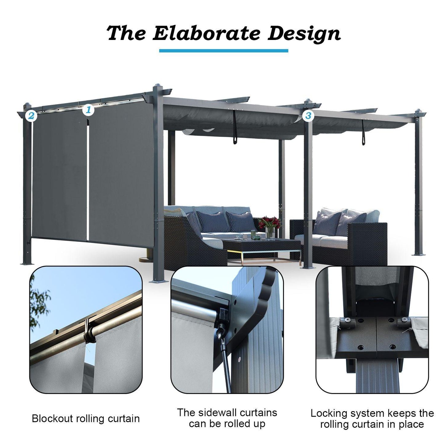 12 x 20 FT Outdoor Pergola with Retractable Shade Canopy, Aluminum Frame, Roller Shade Curtain- khaki/Charcoal Gray Aoodor