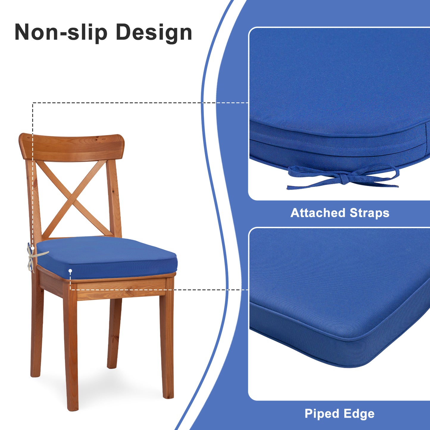 Outdoor Chair Cushion, Patio Seat Pad, Removable Cover with Hidden Zipper, Ties - Navy Blue