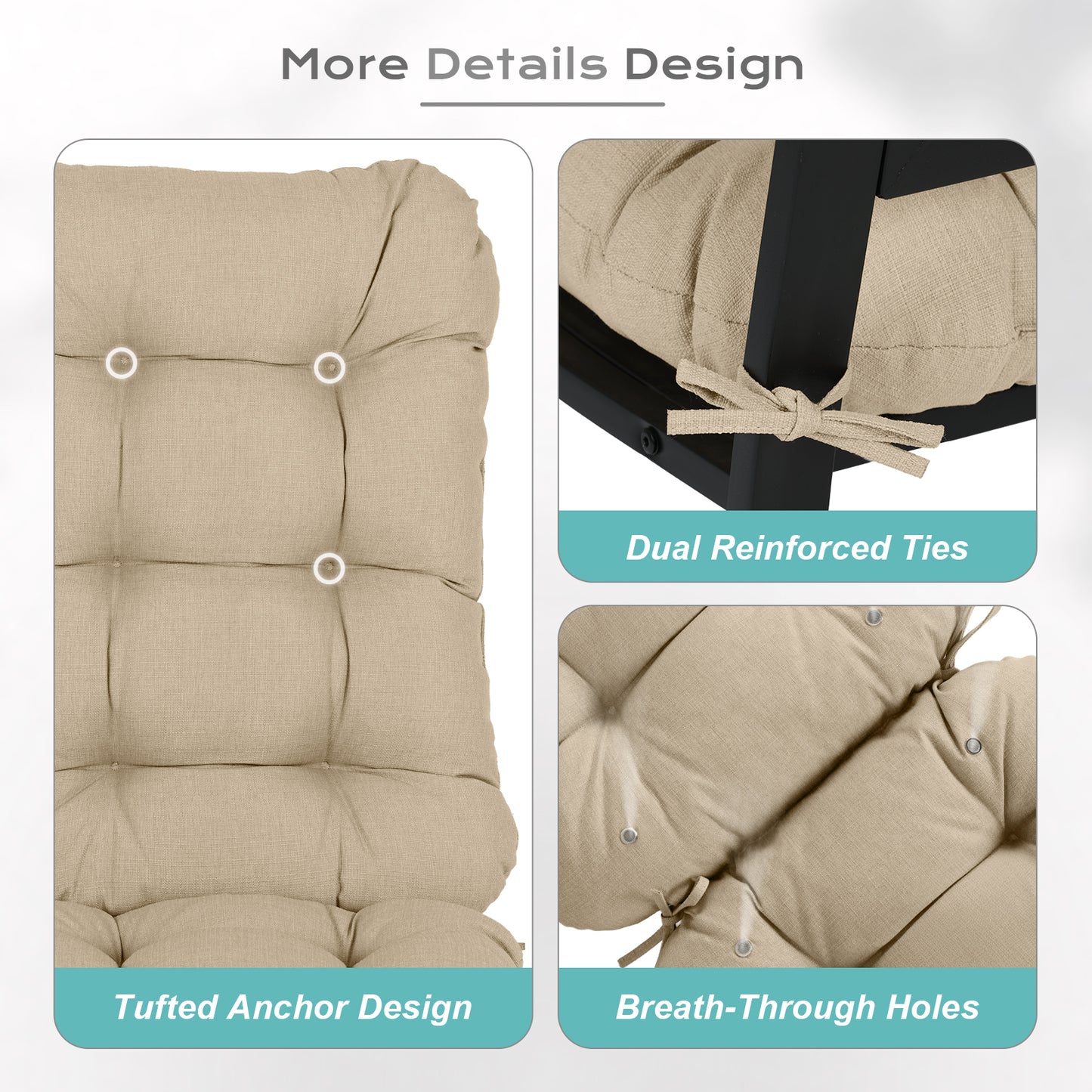 Outdoor High Back Tufted Adirondack Chair Cushion, Patio Rocking Chair Cushions with Ties, Set of 2, Khaki Aoodor