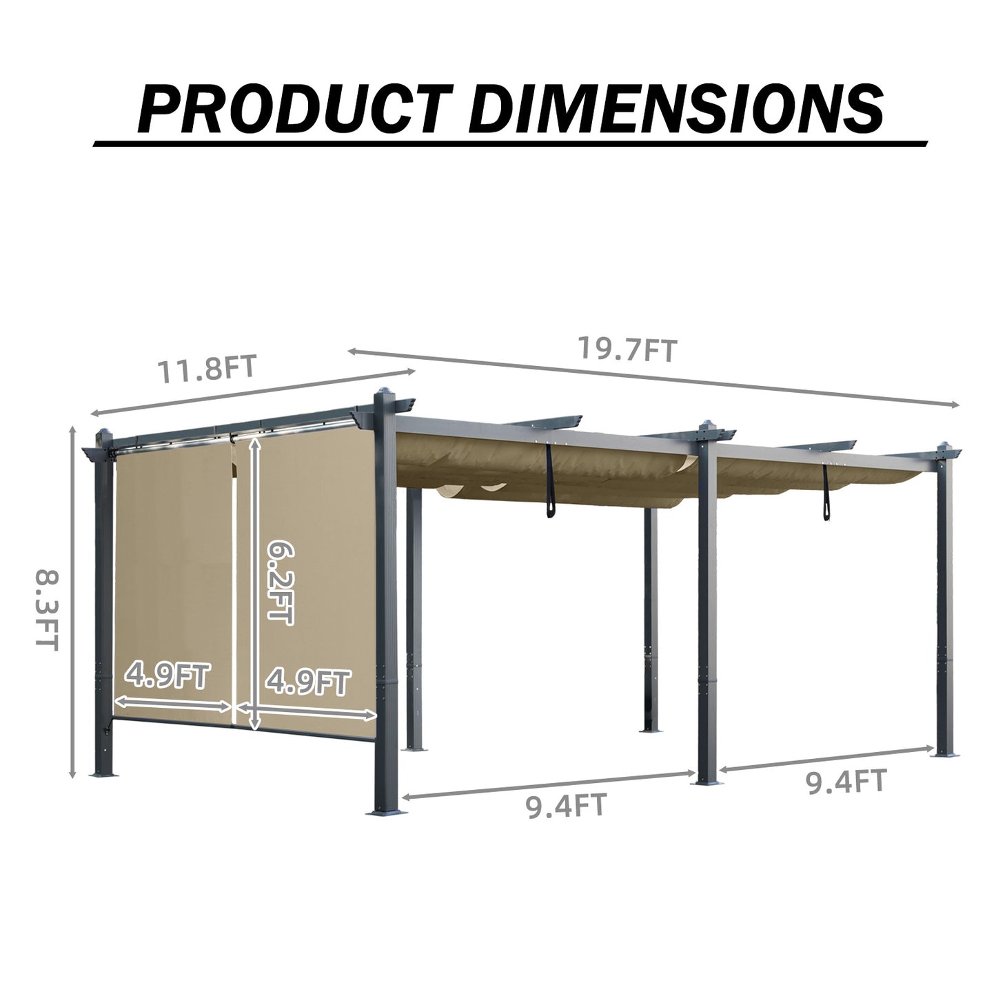 12x20 ft. Outdoor Pergola with Retractable Shade Canopy, Aluminum Frame, Roller Shade Curtain