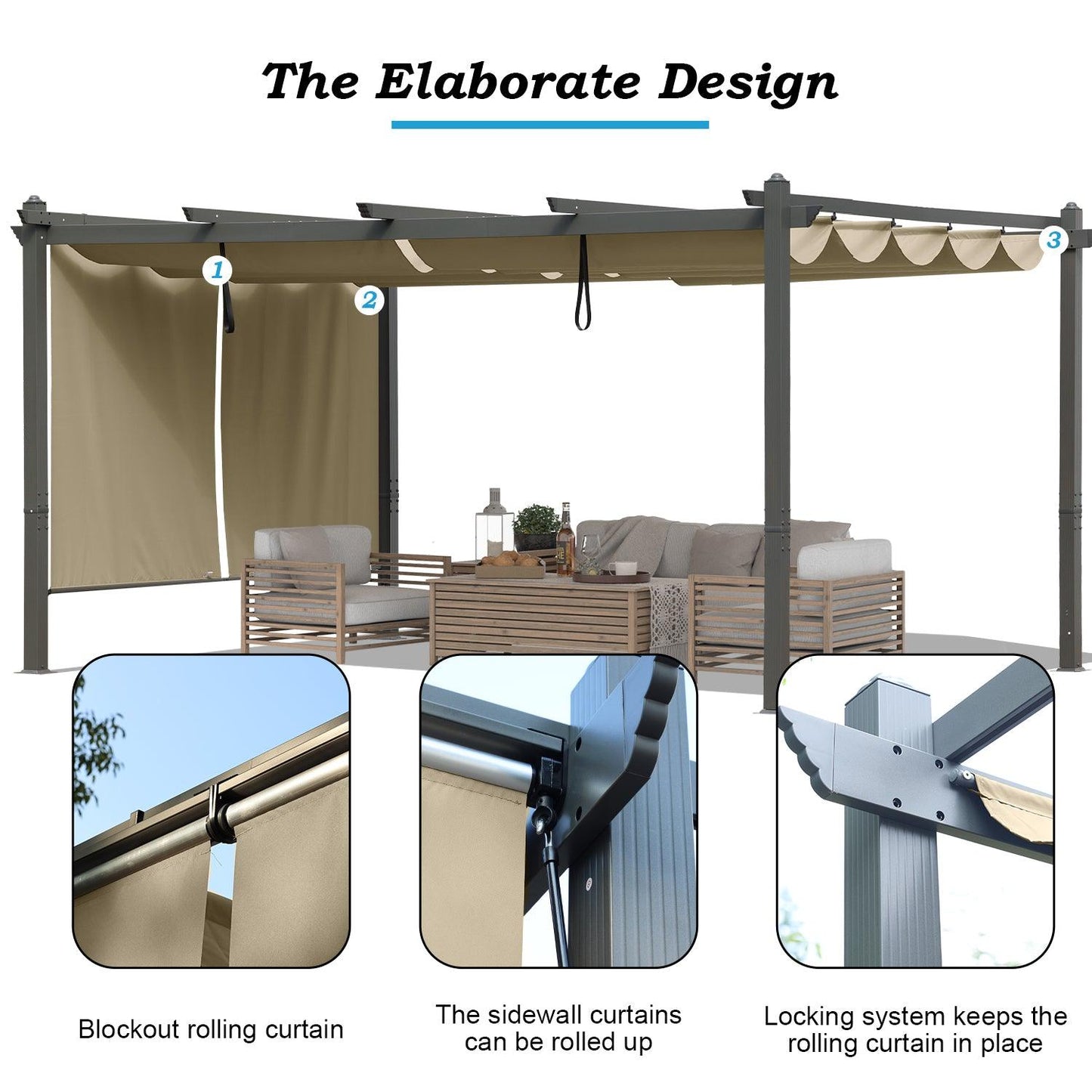 16x12/14x12 ft. Outdoor Pergola with Retractable Shade Canopy, Aluminum Frame, Roller Shade Curtain