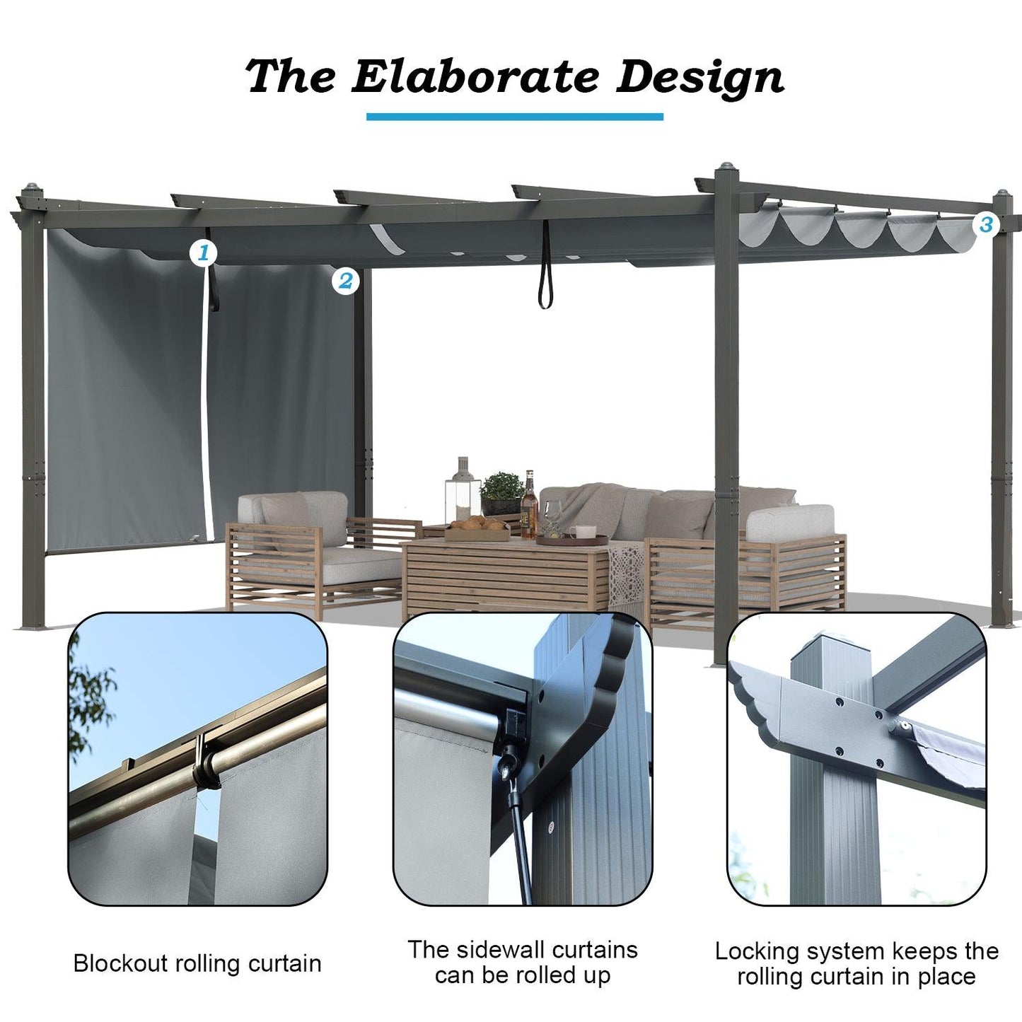 16x12/14x12 ft. Outdoor Pergola with Retractable Shade Canopy, Aluminum Frame, Roller Shade Curtain