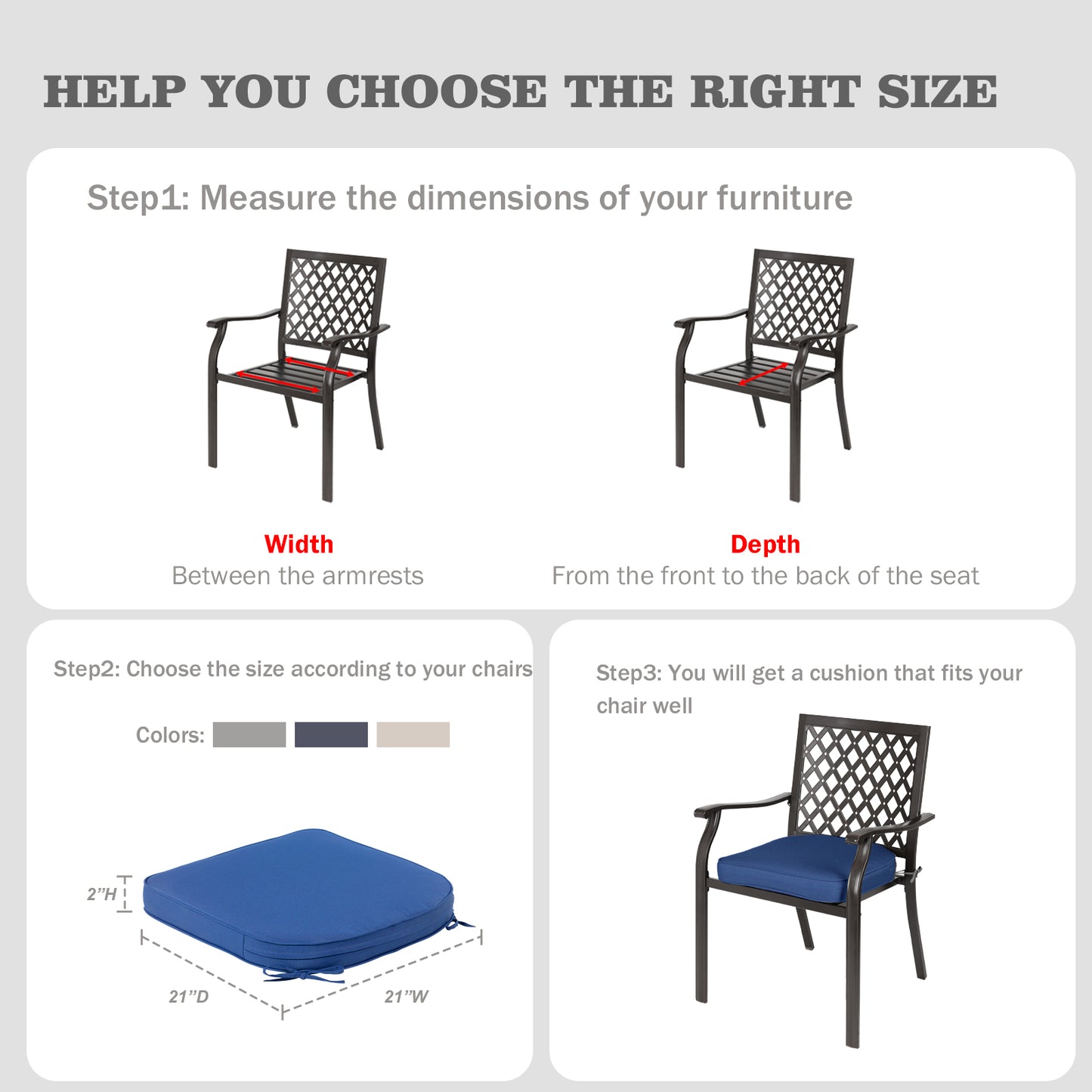 Outdoor Chair Cushion, Patio Seat Pad, Removable Cover with Hidden Zipper, Ties - Navy Blue