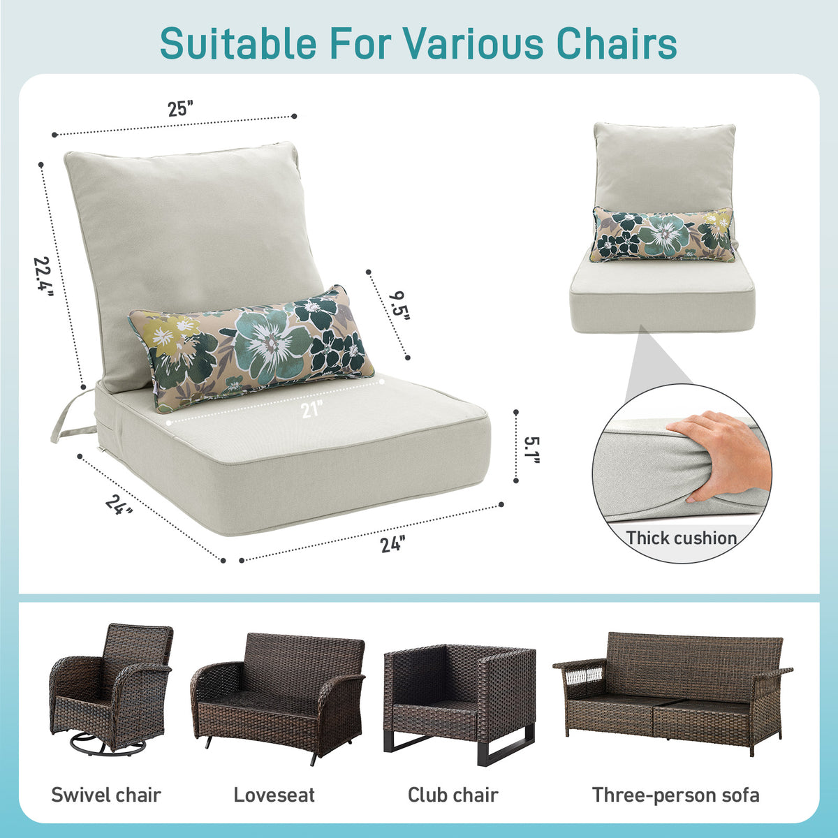 Outdoor Deep Seat Cushion Set with Lumbar Pillow, Patio Chair Back & Seat Cushions, Light Gray