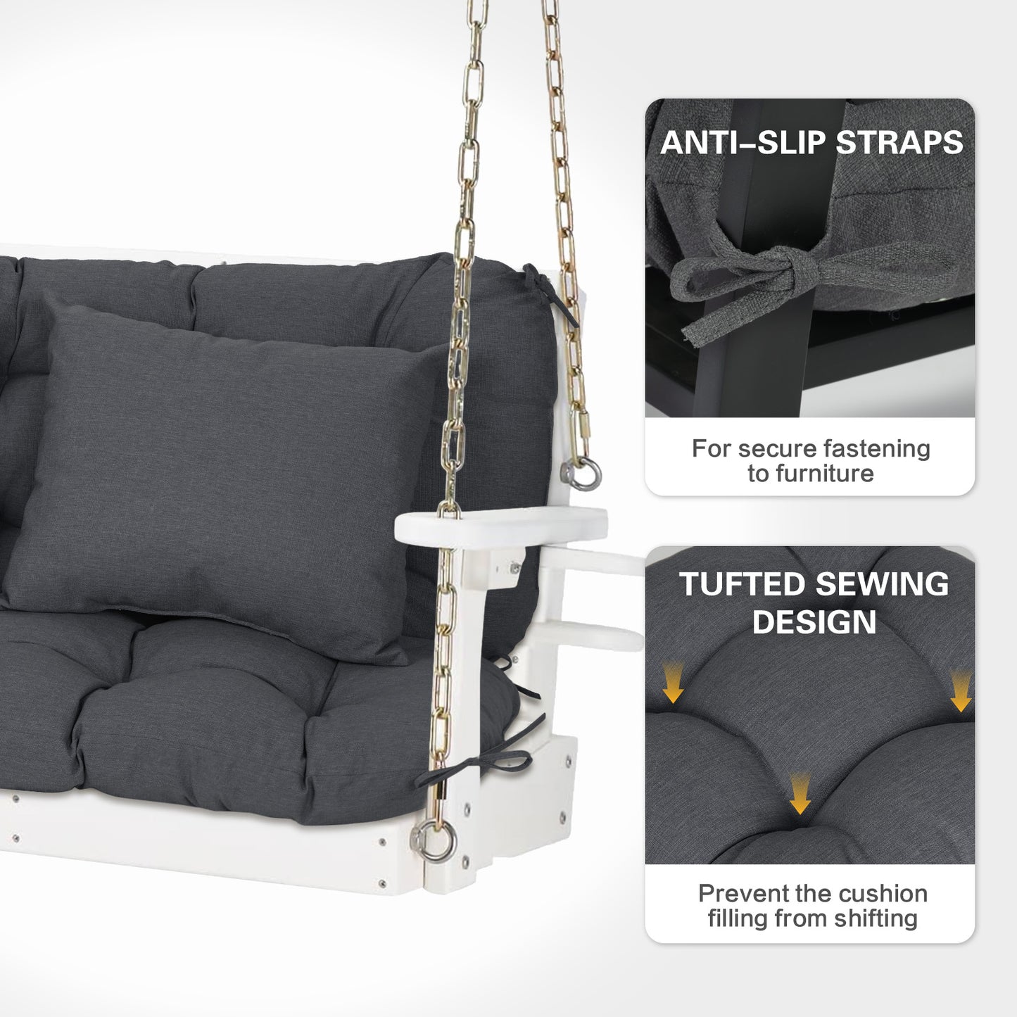 59" Tufted Porch Swing Cushions, Extra 5.1" Thick Outdoor Swing Bench Replacement Cushion with Backrest and 2 Pillows - Dark Gray