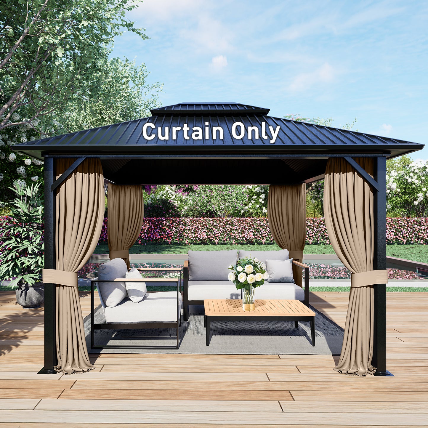 Outdoor Gazebo Curtains, 4 Panels Privacy Sidewall Replacement (Curtain Only) - Sand Yellow