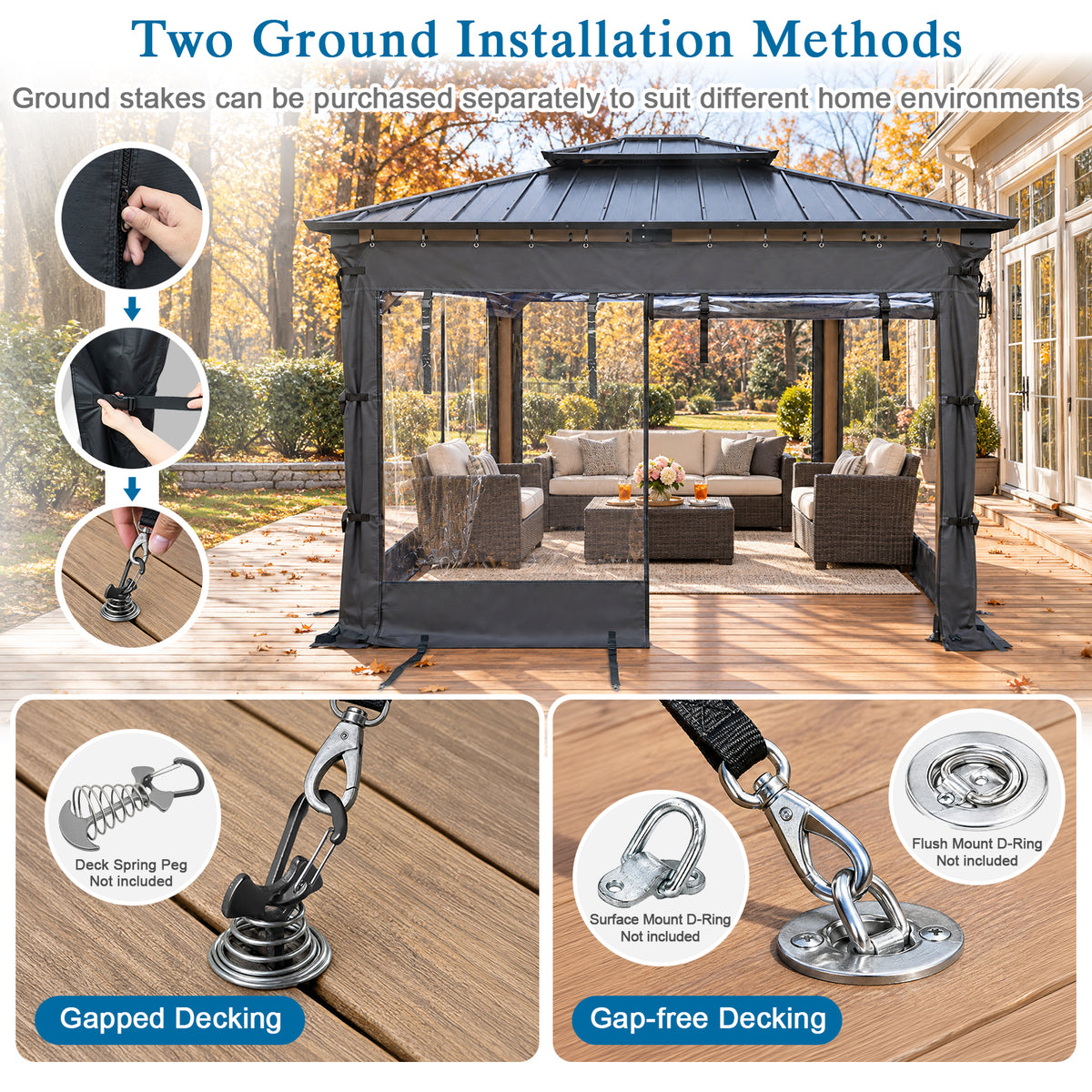Aoodor Clear PVC Gazebo Curtains 10x10ft Outdoor Water-repellent Windproof