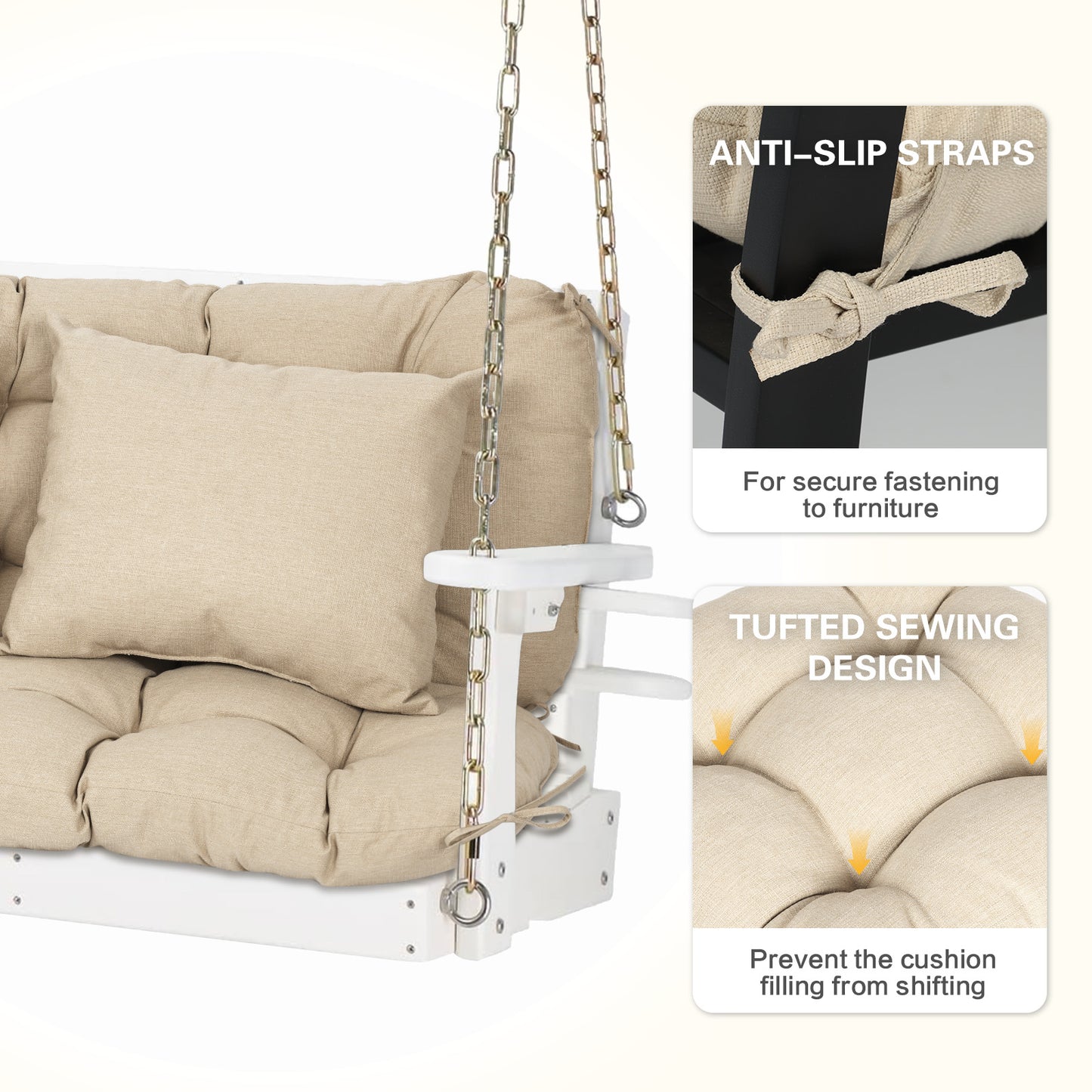 59" Tufted Porch Swing Cushions, Extra 5.1" Thick Outdoor Swing Bench Replacement Cushion with Backrest and 2 Pillows - Khaki Aoodor