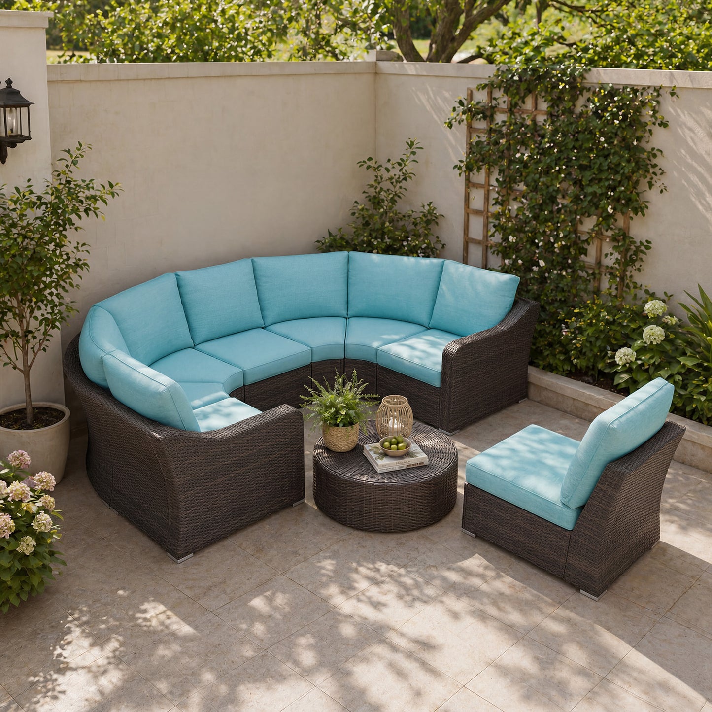 Premium Turquoise 8 Piece Half-Moon Wicker Outdoor Sofa Set – Best Value Hosting