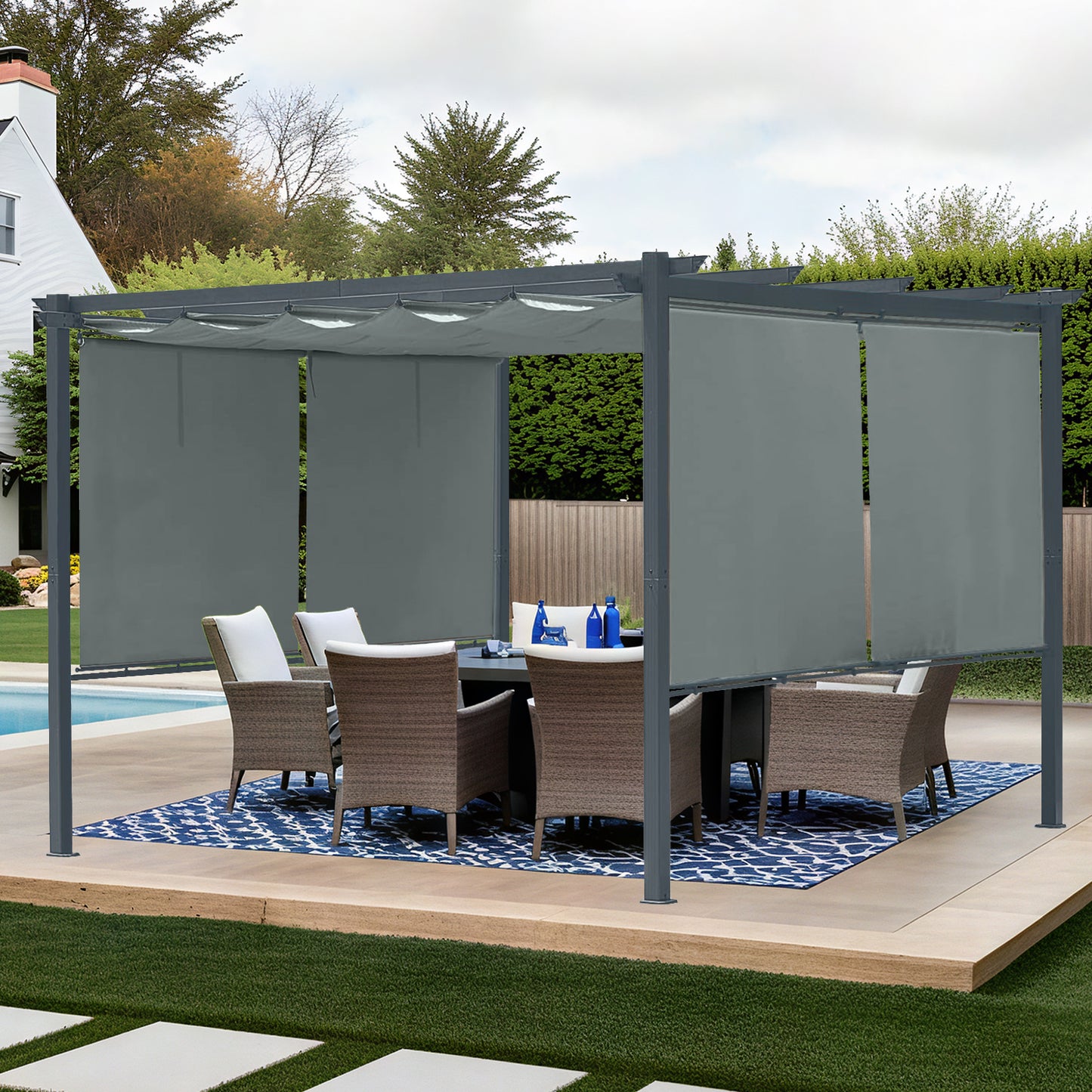 12x12 ft. Outdoor Pergola with Retractable Shade Canopy, Aluminum Frame, 4 Pieces Roller Shade Curtain