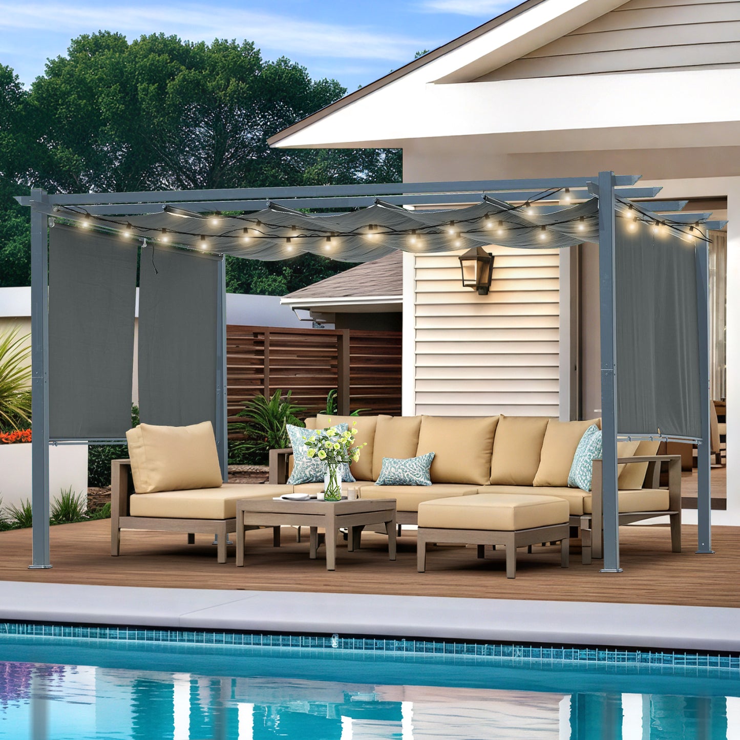 13x10 ft. Outdoor Pergola with Retractable Shade Canopy, Aluminum Frame, Roller Shade Curtain