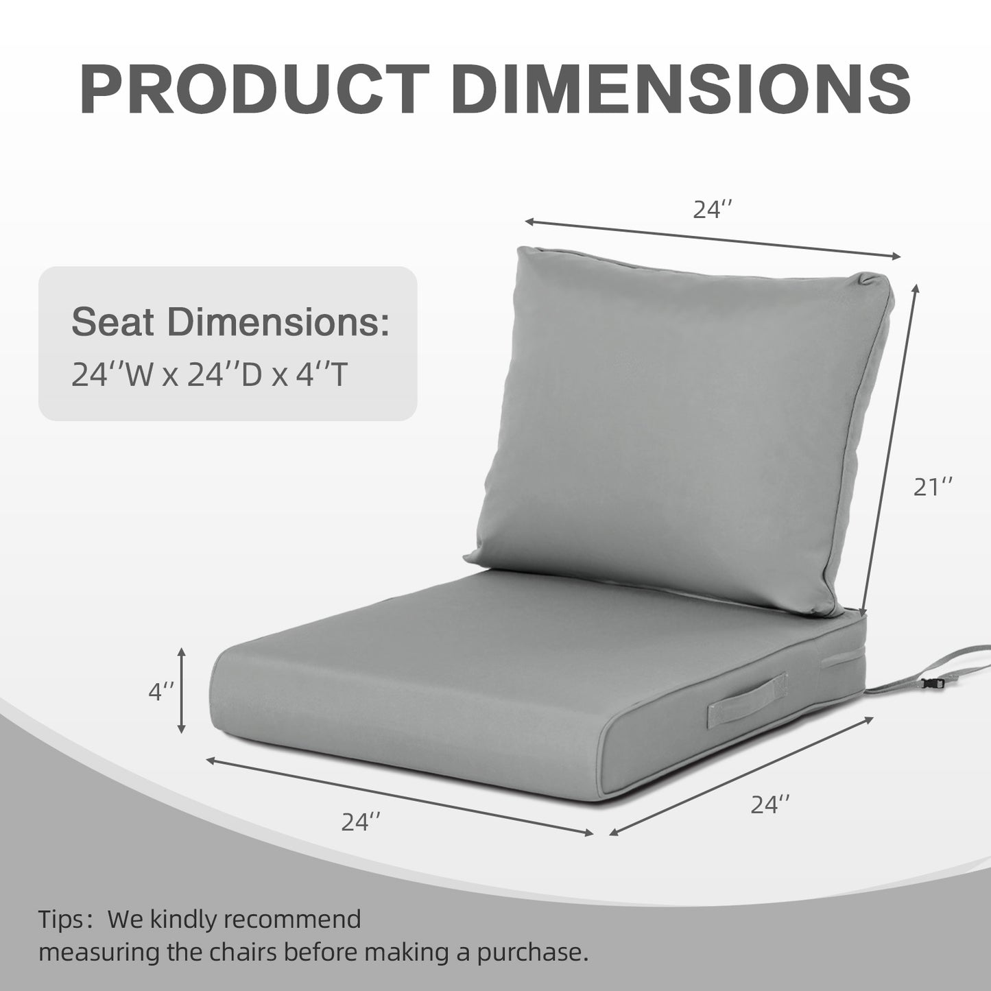Outdoor Chair Cushions, Patio Deep Seat Cushions with Handle & Adjustable Straps - Gray Aoodor
