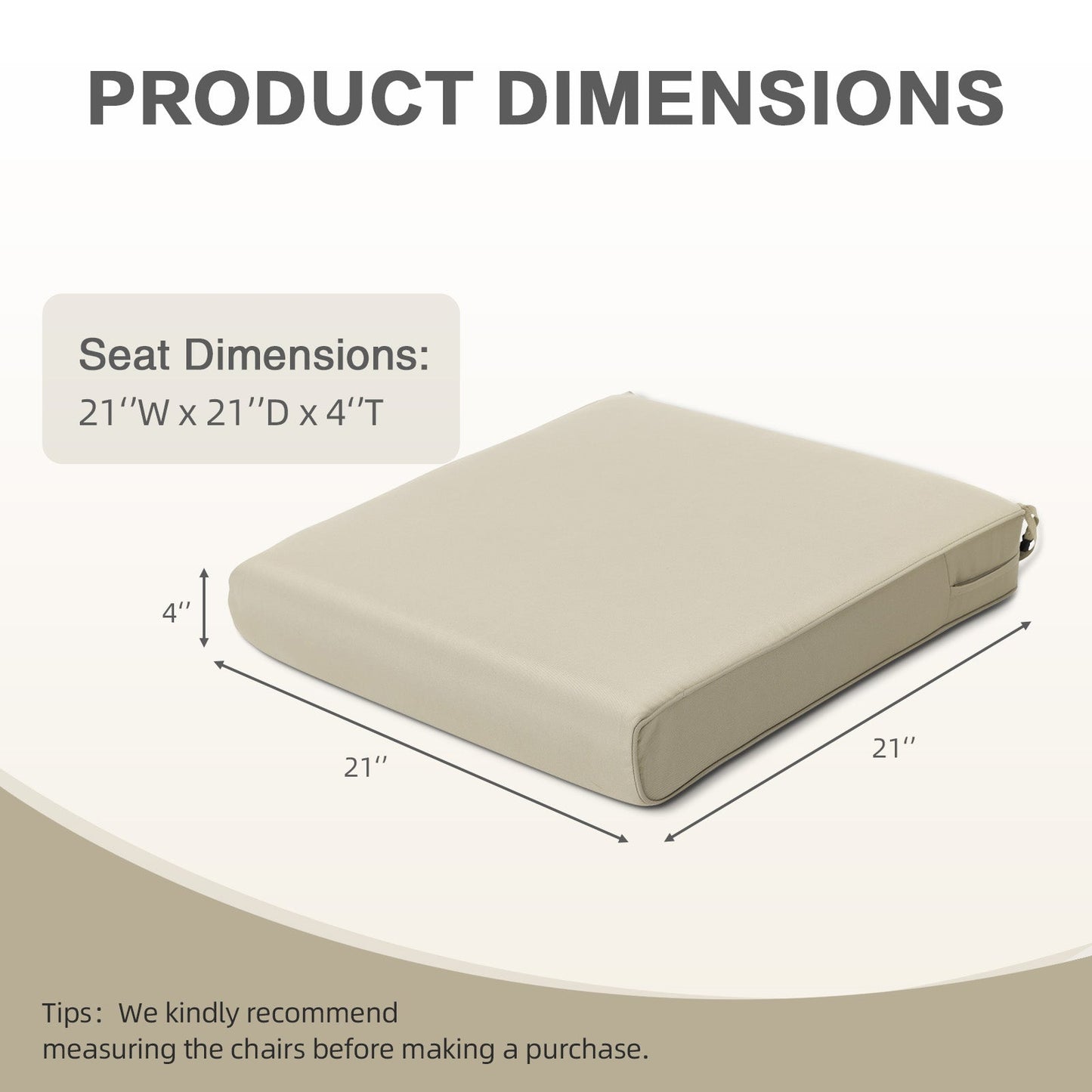Outdoor Chair Cushion , Removable Cover with Hidden Zipper, Adaptable Secure Ties - Khaki Aoodor