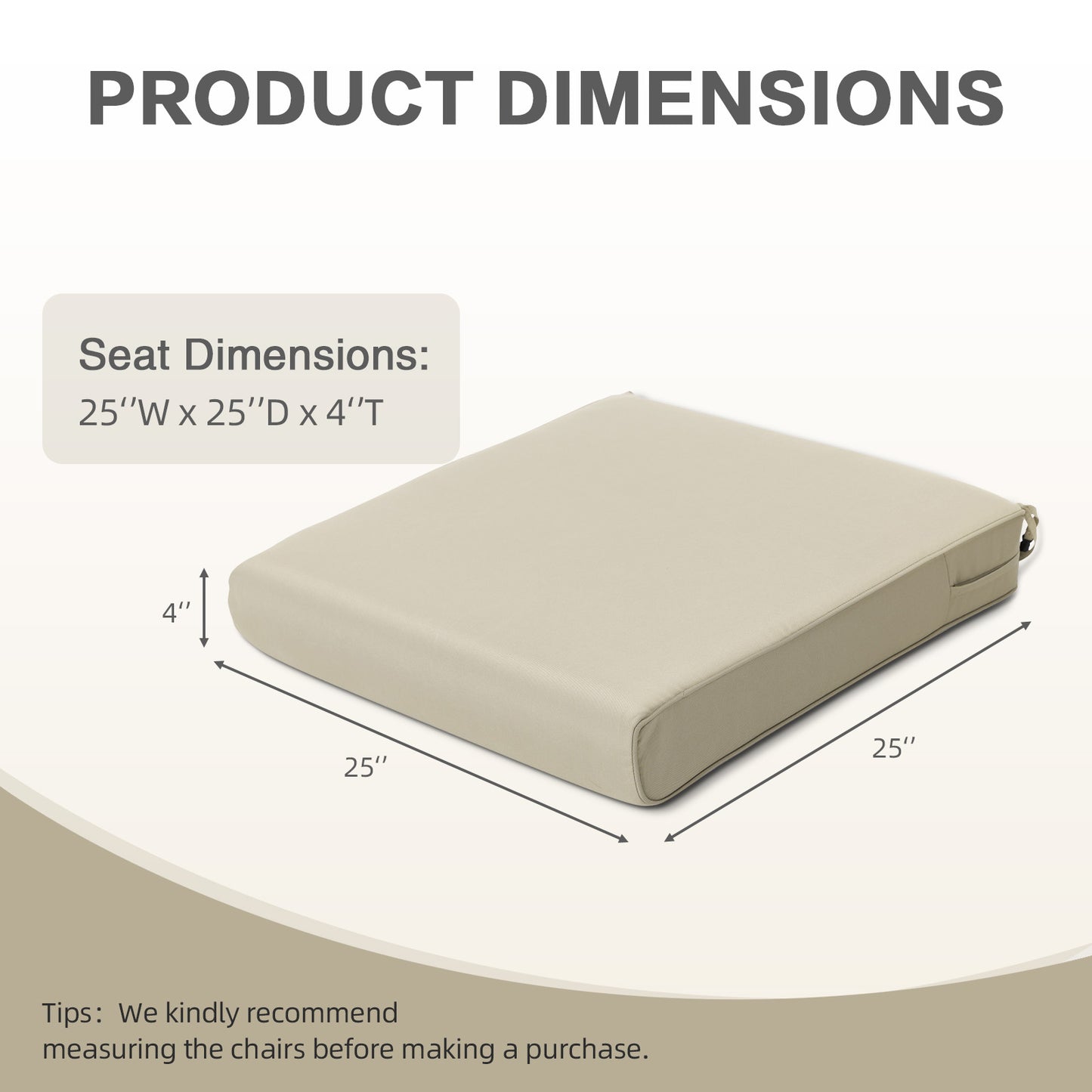 Outdoor Chair Cushion , Removable Cover with Hidden Zipper, Adaptable Secure Ties - Khaki Aoodor