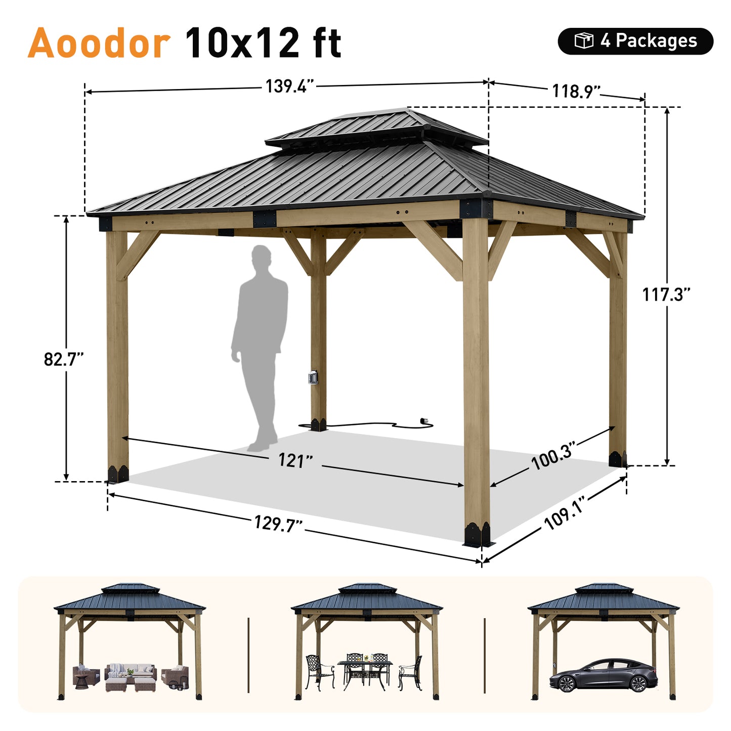 10'x12' Outdoor Patio Wooden Frame Gazebo with 2-Tier Galvanized Metal Hardtop Roof and Outlets