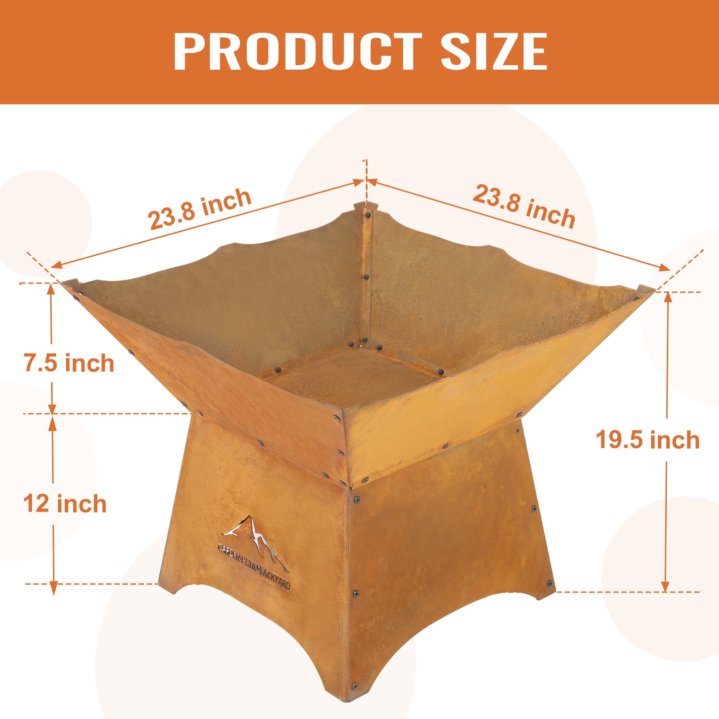 Aoodor 24" Rustic Corten Steel Fire Pit with 12" Stand, Rust Patina Finish, Detachable Wood-Burning Fire Bowl for Outdoors Product Size