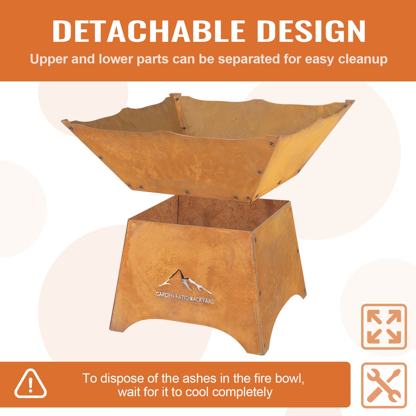 Aoodor 24" Rustic Corten Steel Fire Pit with 12" Stand, Rust Patina Finish, Detachable Wood-Burning Fire Bowl for Outdoors Detachable Design