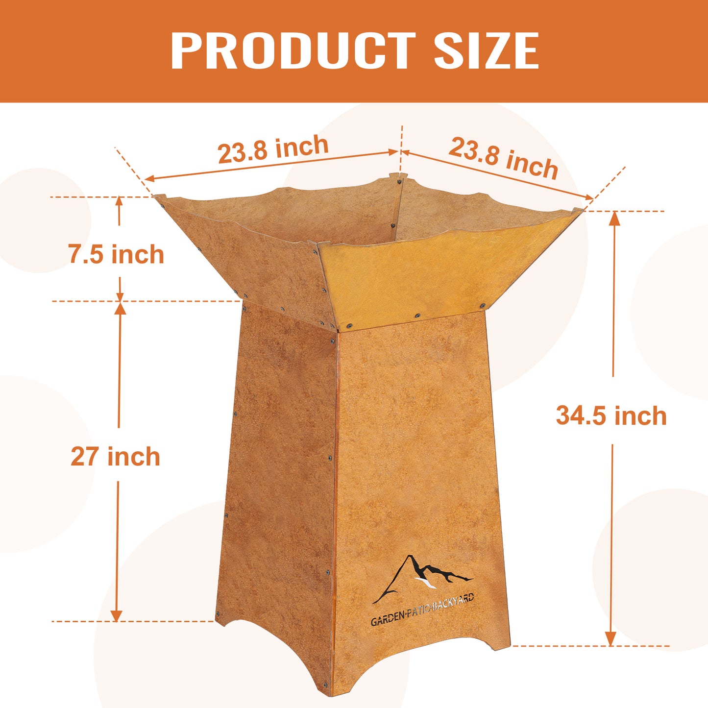 Aoodor 24" Rustic Corten Steel Fire Pit with 27" Stand, Rust Patina Finish, Detachable Wood-Burning Fire Bowl for Outdoor, Patio Decor Product Size