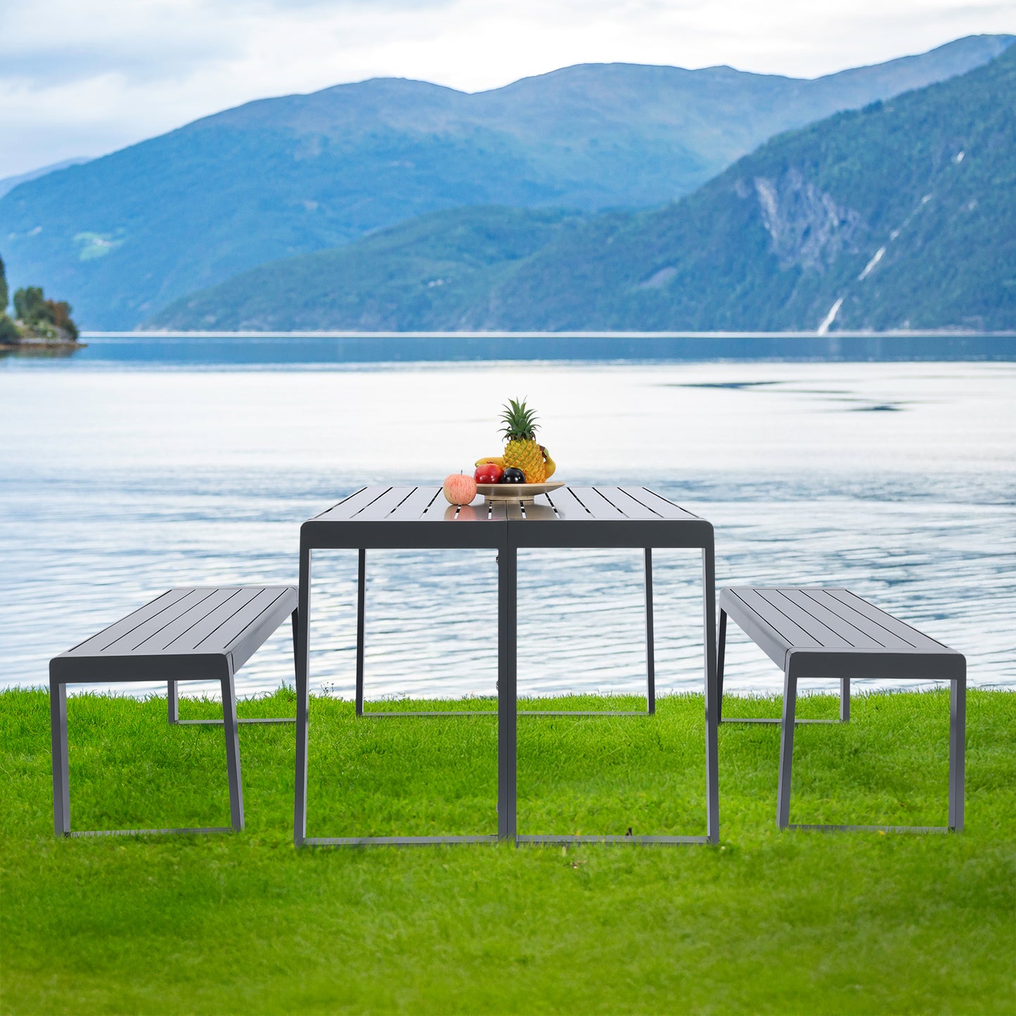 Aoodor 3-Piece Outdoor Patio Aluminum Dining Set with 1 Rectangular Picnic Table and 2 Benches Charcoal