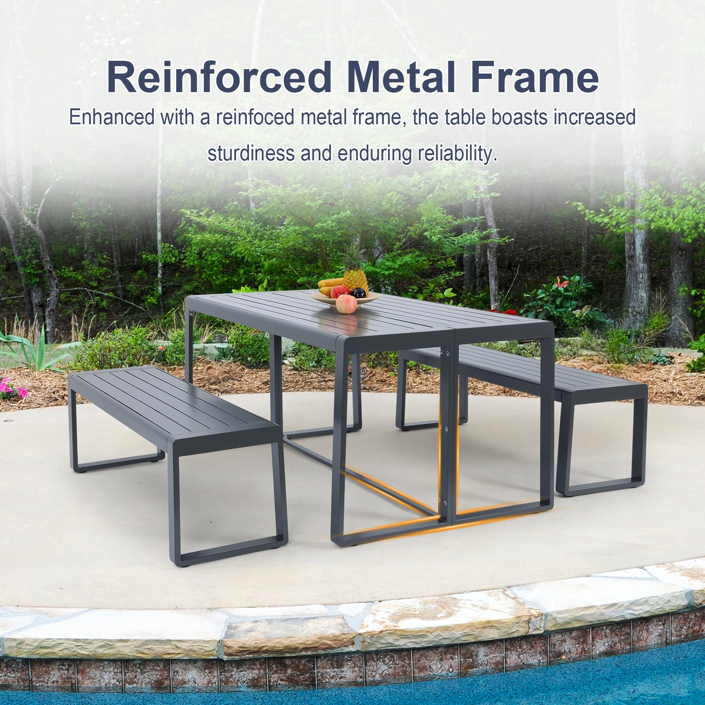 Aoodor 3-Piece Outdoor Patio Aluminum Dining Set with 1 Rectangular Picnic Table and 2 Benches Charcoal-reinforced metal frame