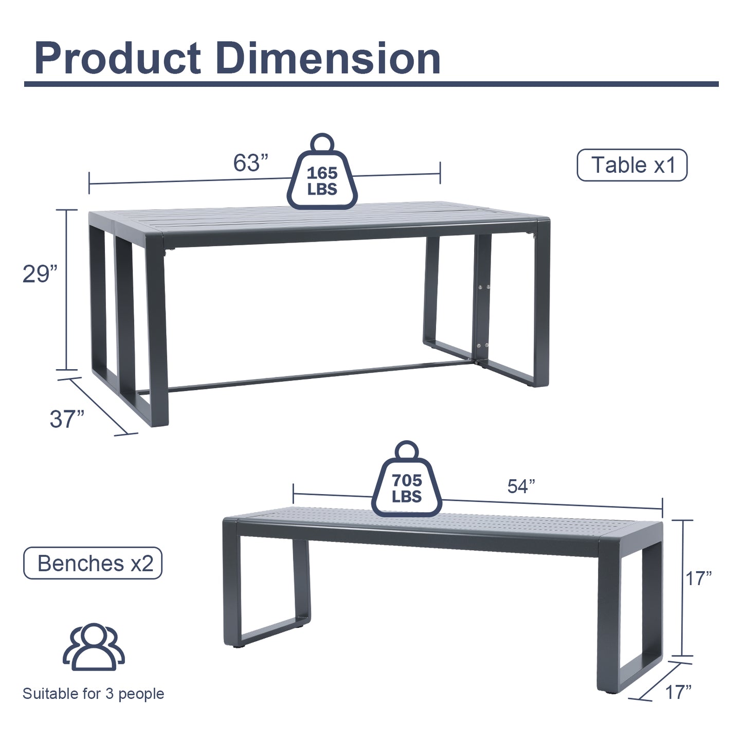Aoodor 3-Piece Outdoor Patio Aluminum Dining Set with 1 Rectangular Picnic Table and 2 Benches Charcoal-product dimension