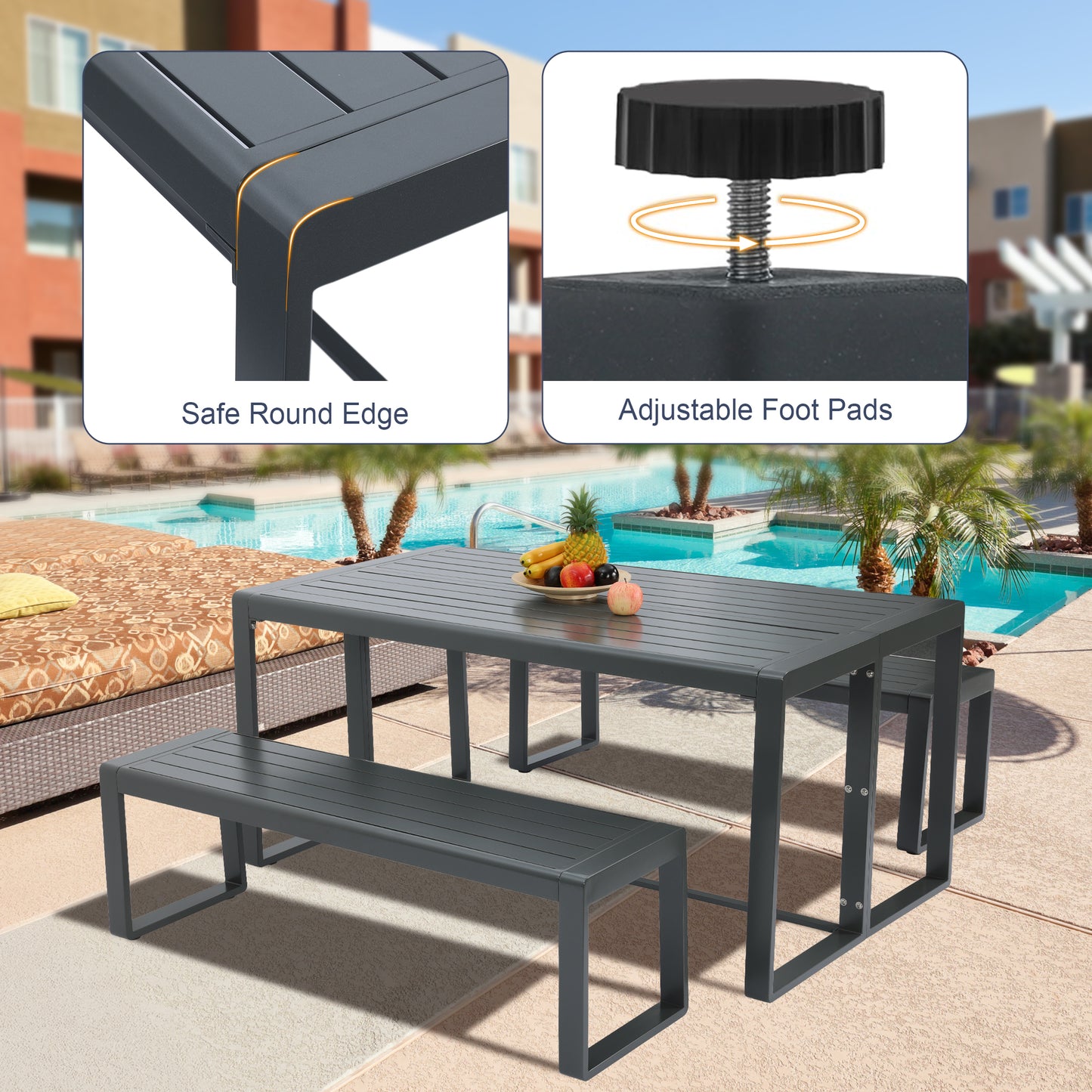 Aoodor 3-Piece Outdoor Patio Aluminum Dining Set with 1 Rectangular Picnic Table and 2 Benches Charcoal-more detail