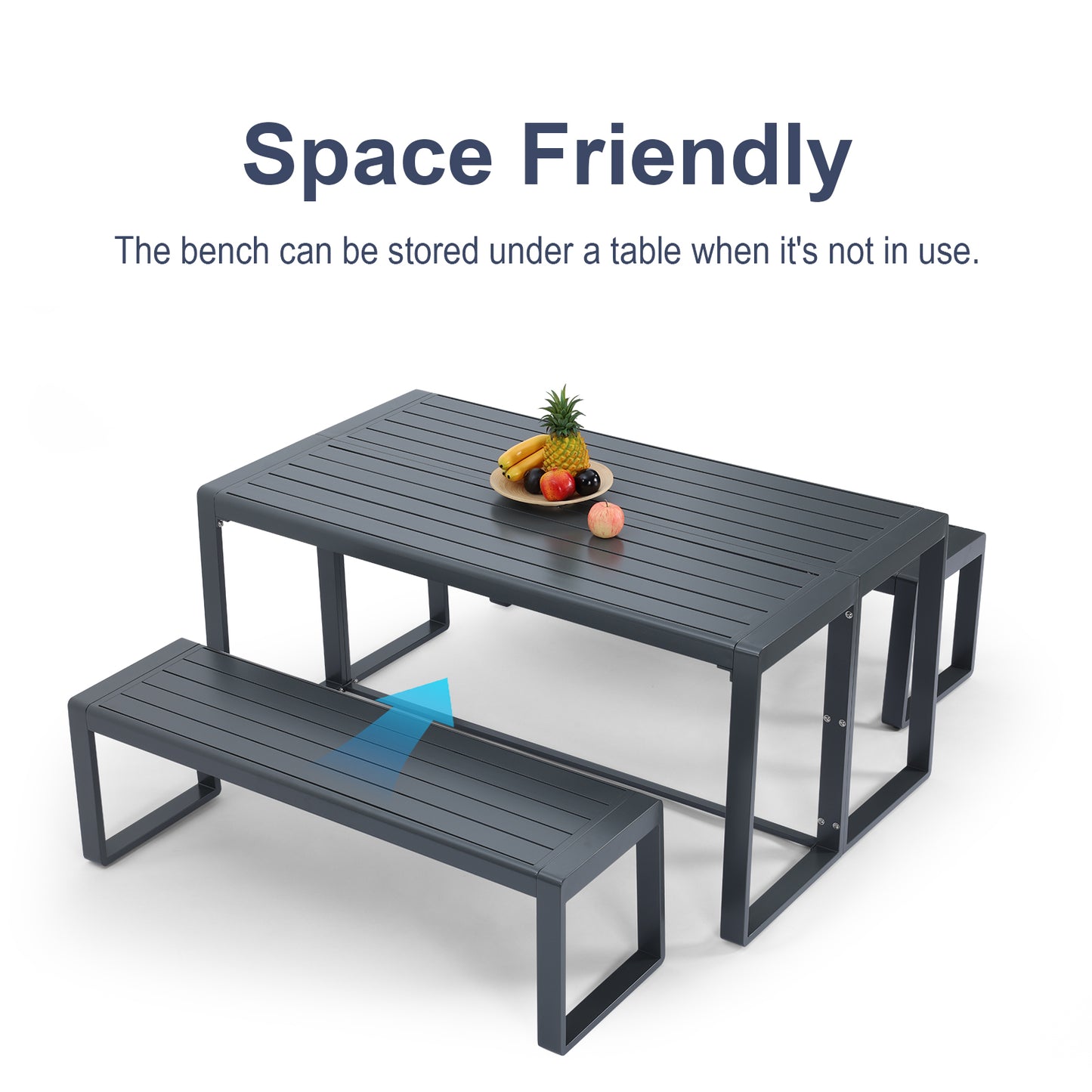Aoodor 3-Piece Outdoor Patio Aluminum Dining Set with 1 Rectangular Picnic Table and 2 Benches Charcoal-space friendly