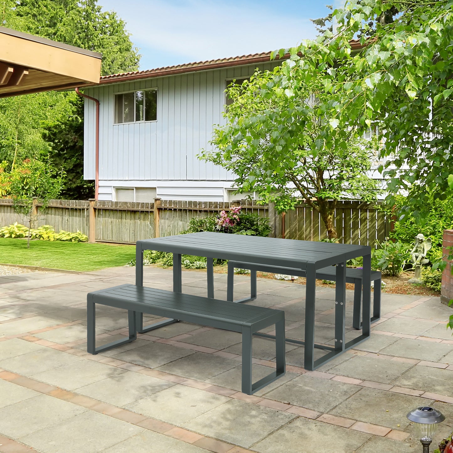 Aoodor 3-Piece Outdoor Patio Aluminum Dining Set with 1 Rectangular Picnic Table and 2 Benches Charcoal