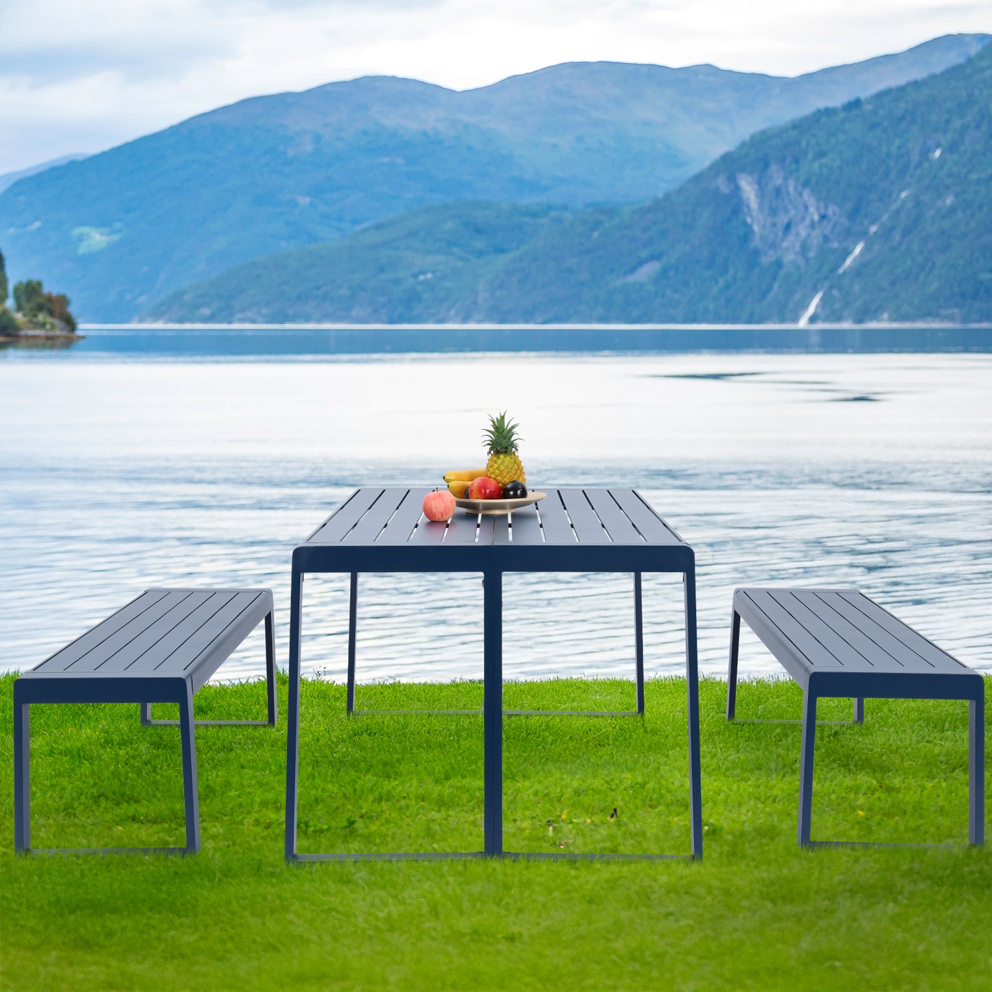 Aoodor 3-Piece Outdoor Patio Aluminum Dining Set with 1 Rectangular Picnic Table and 2 Benches Darkblue