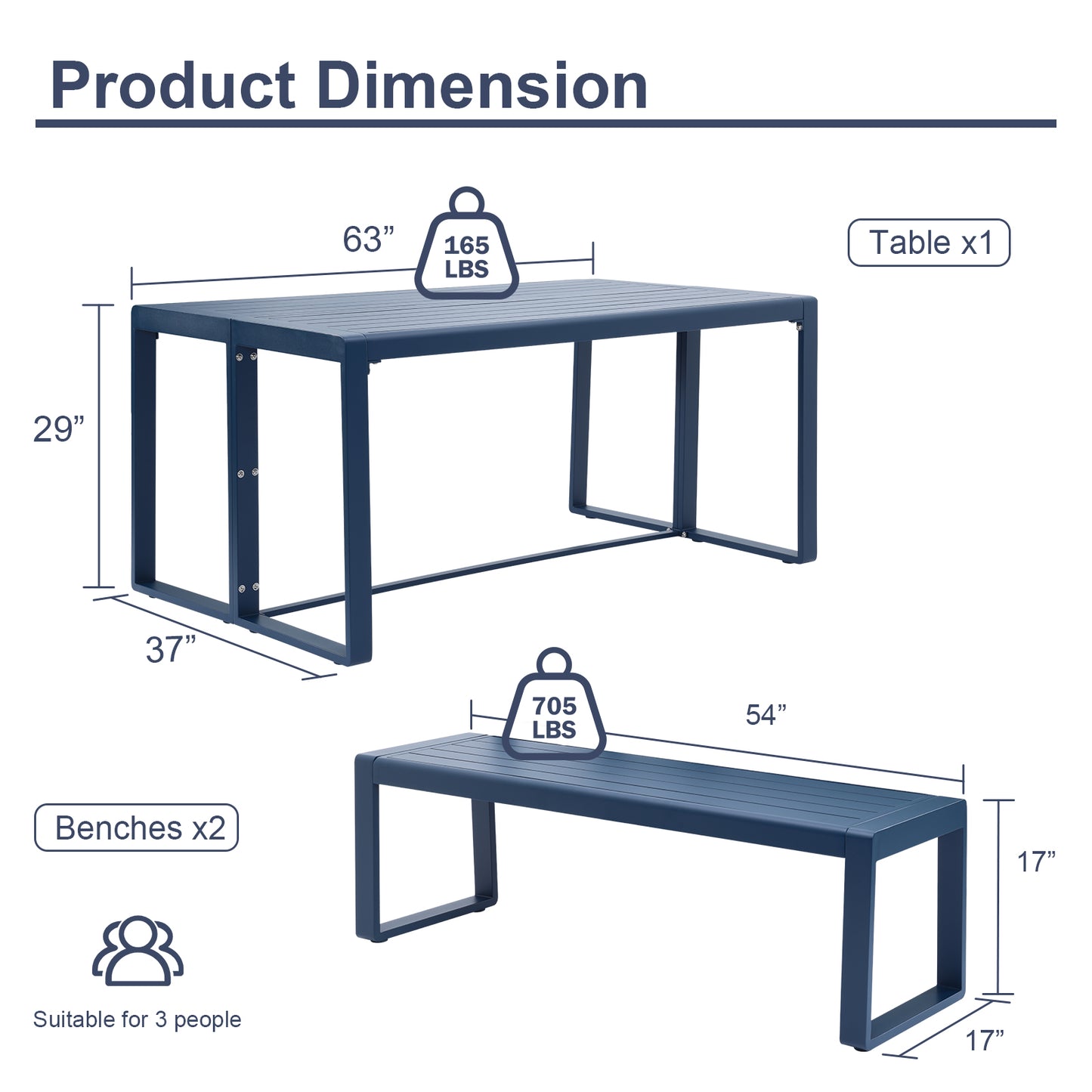 Aoodor 3-Piece Outdoor Patio Aluminum Dining Set with 1 Rectangular Picnic Table and 2 Benches Darkblue-product dimension