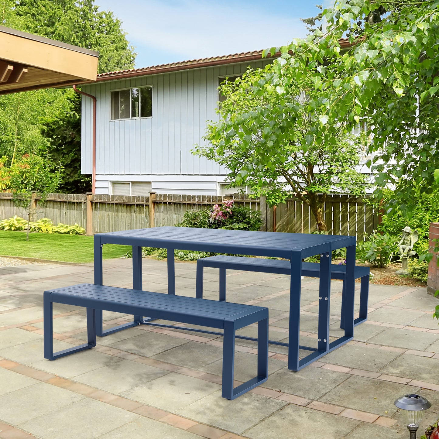 Aoodor 3-Piece Outdoor Patio Aluminum Dining Set with 1 Rectangular Picnic Table and 2 Benches Darkblue